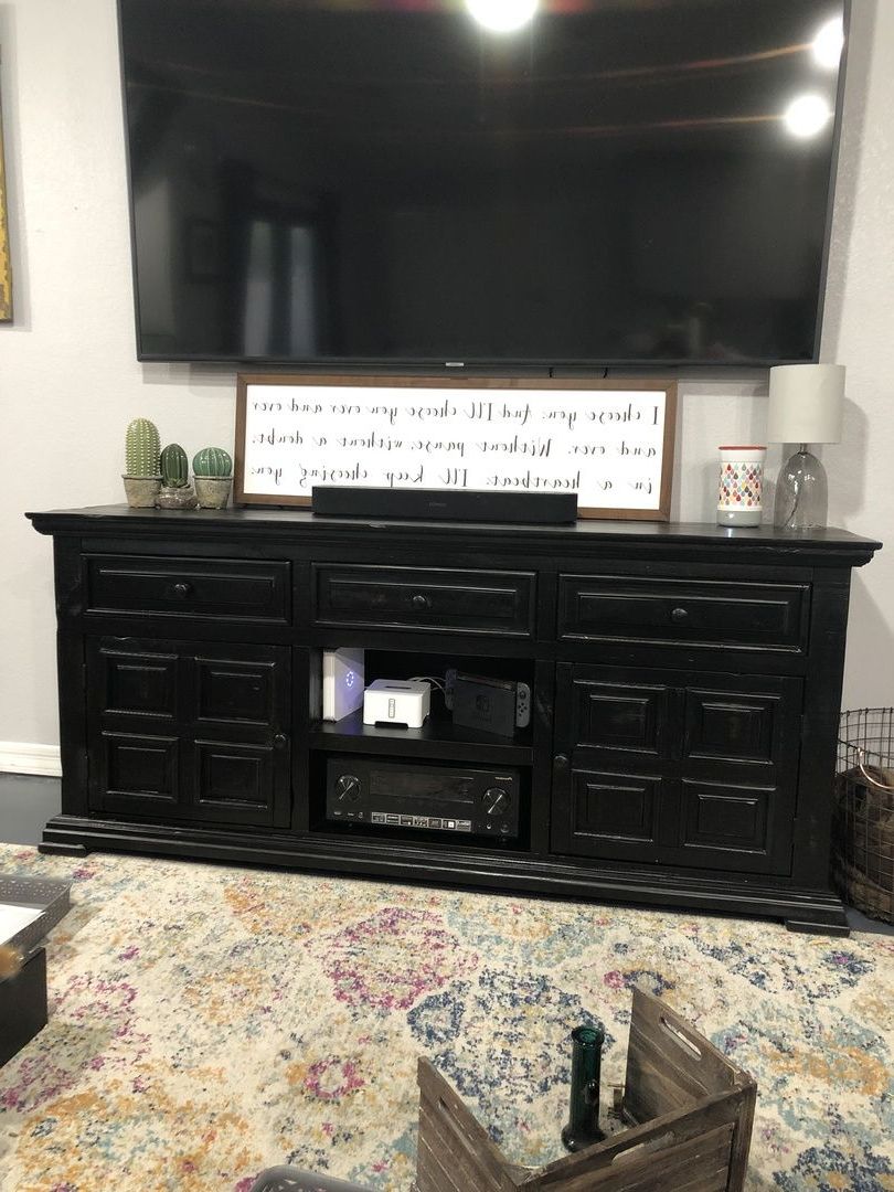 Isabella 71 In Tv Stand, Black | Wood Entertainment Center With Modern Tv Stands In Oak Wood And Black Accents With Storage Doors (View 10 of 20)