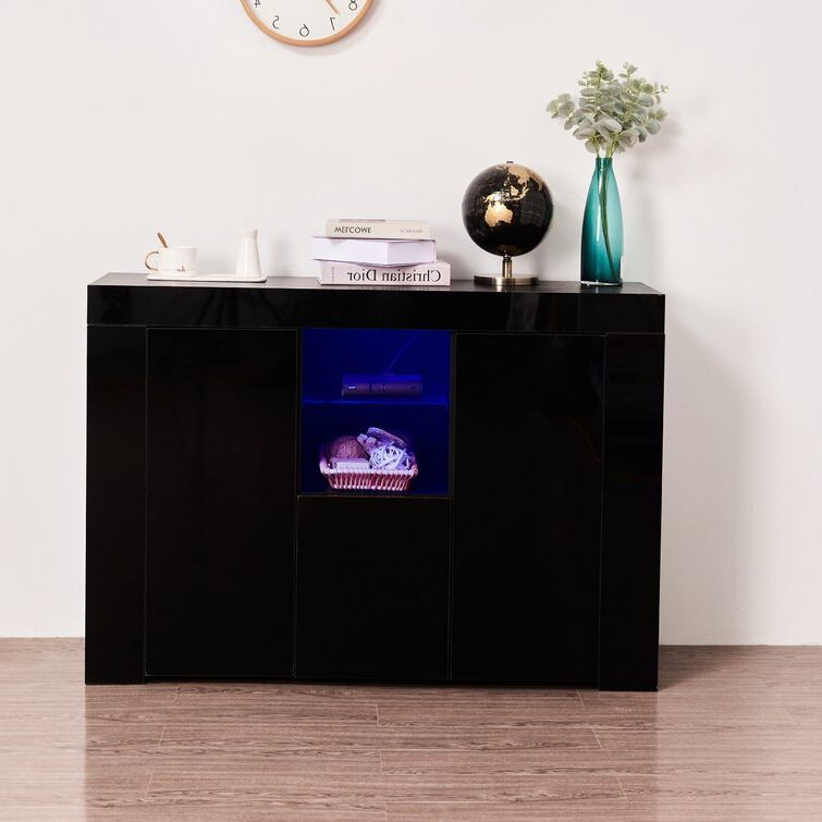 Ivy Bronx Kitchen Sideboard Cupboard With Led Light, Black Pertaining To 47" Tv Stands High Gloss Tv Cabinet With 2 Drawers (Gallery 19 of 20)