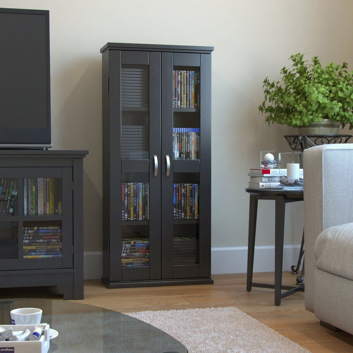 Kirkwell 41 Inch Wood Dvd Media Storage Tower In Black In Alden Design Wooden Tv Stands With Storage Cabinet Espresso (Gallery 13 of 20)