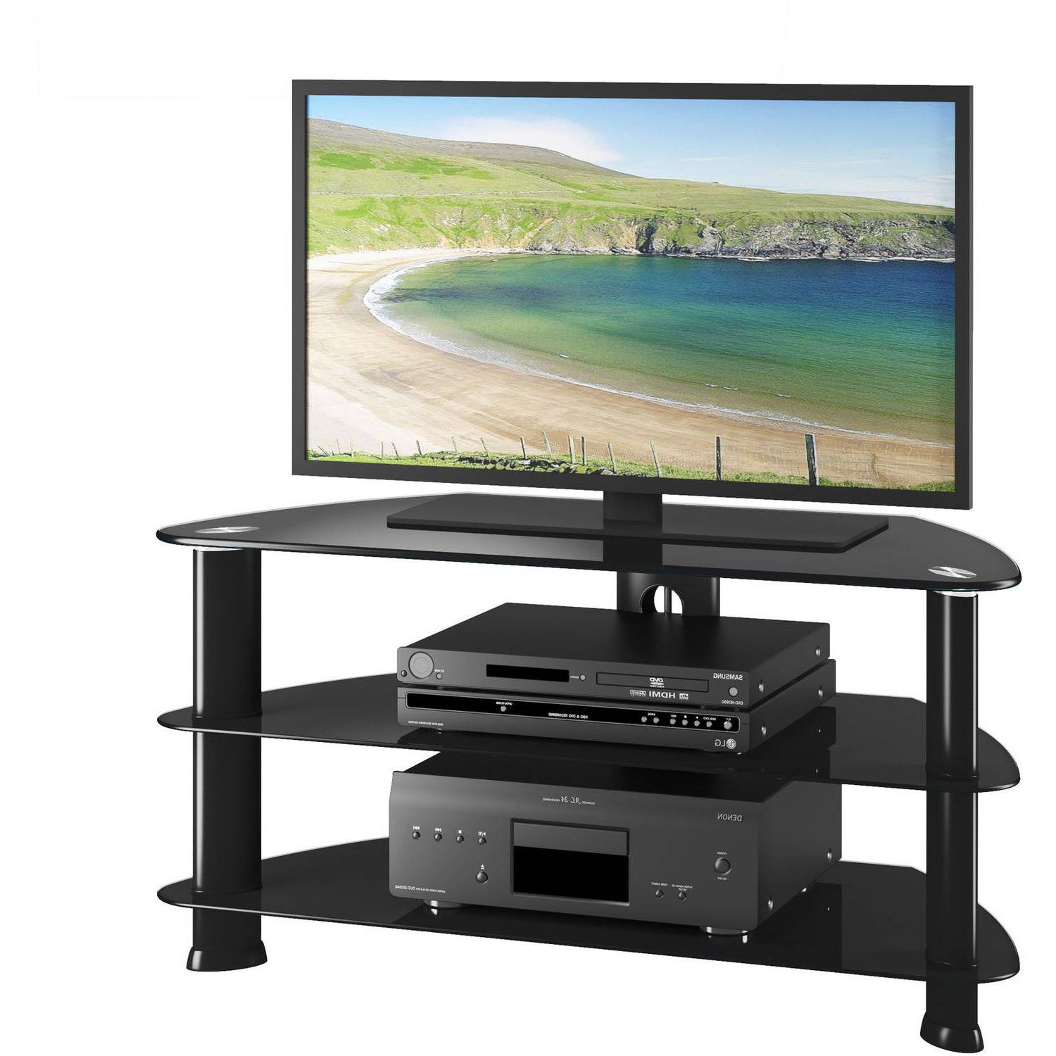 Laguna Satin Black Corner Tv Stand For Tvs Up To 50 Inside Mclelland Tv Stands For Tvs Up To 50&quot; (Gallery 8 of 20)