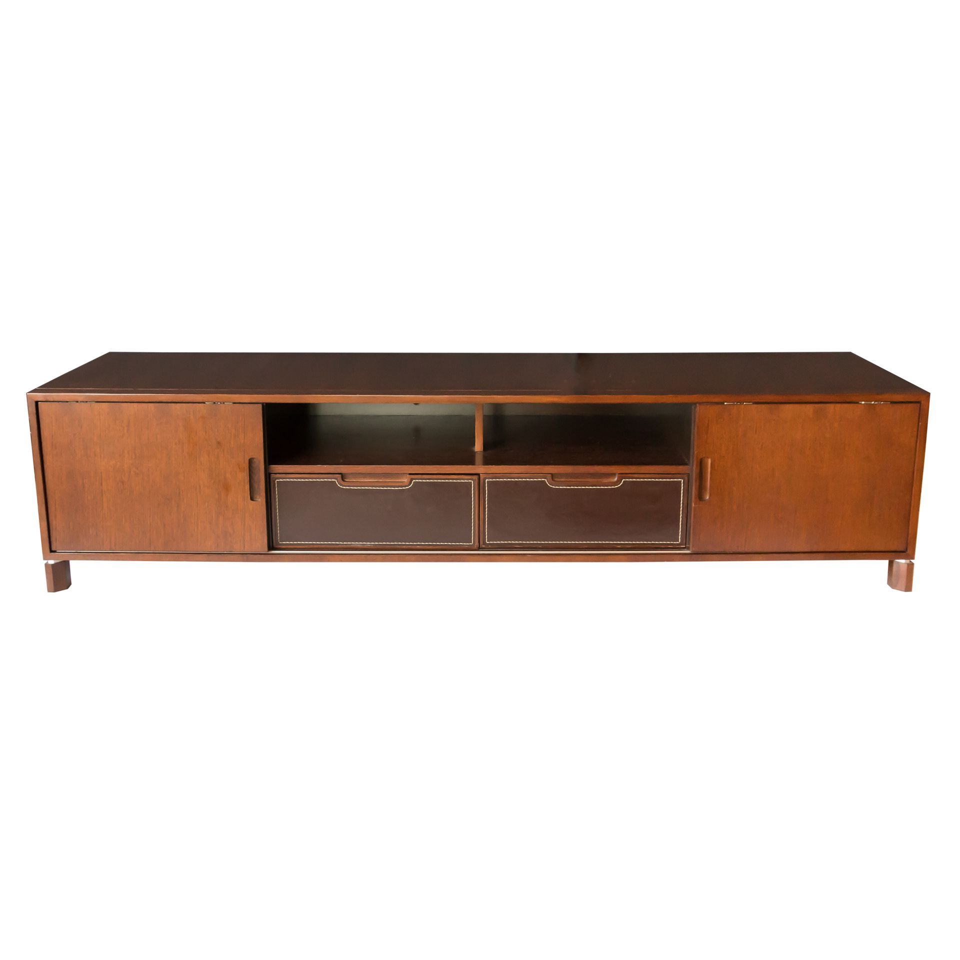 Low Profile Media Console Has A Dark Finish With Two For Dark Brown Tv Cabinets With 2 Sliding Doors And Drawer (View 15 of 20)