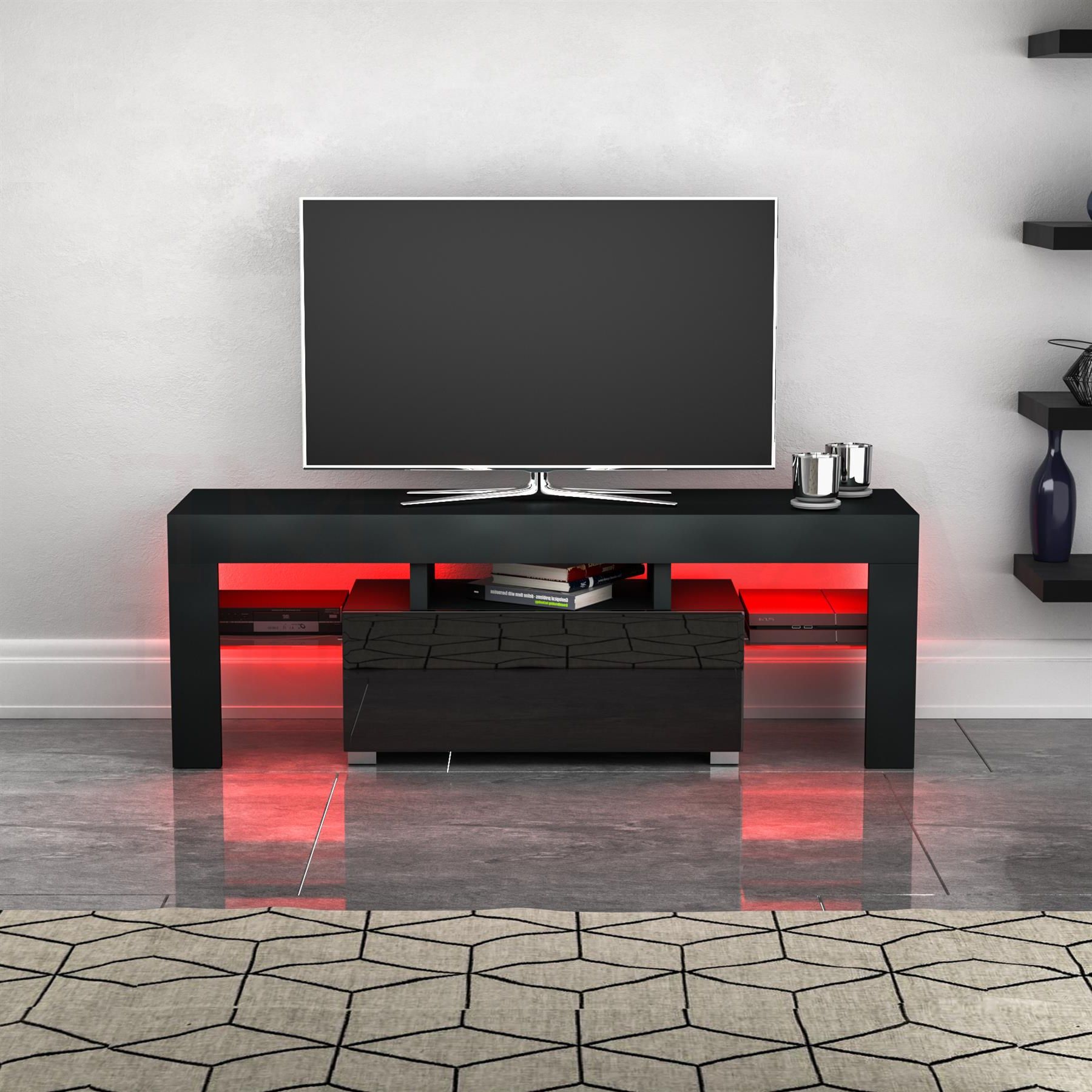 Luna Led Tv Stand Cabinet Unit 1 Drawer Modern In Zimtown Modern Tv Stands High Gloss Media Console Cabinet With Led Shelf And Drawers (Gallery 6 of 20)