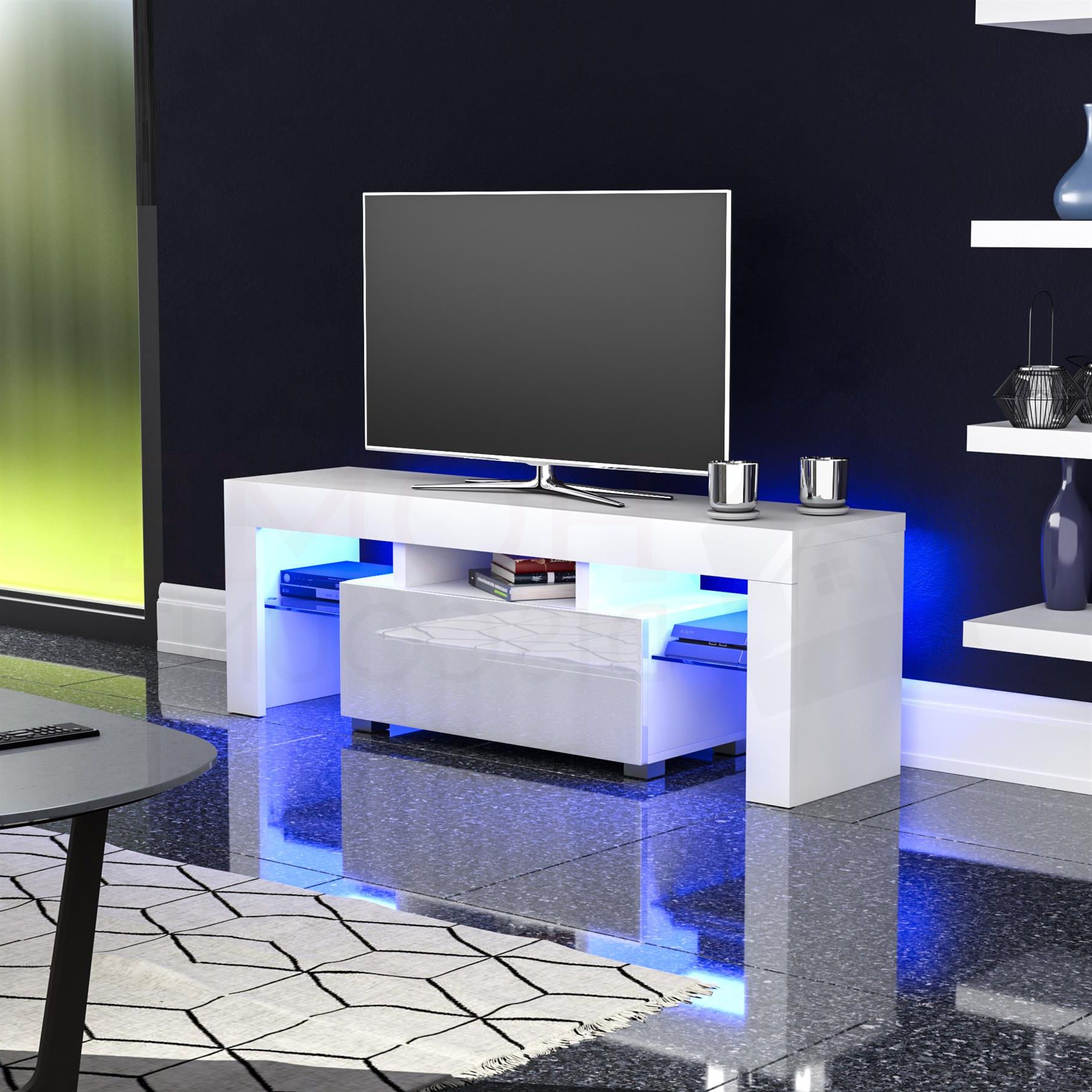 Luna Led Tv Stand Cabinet Unit 1 Drawer Modern Regarding Zimtown Modern Tv Stands High Gloss Media Console Cabinet With Led Shelf And Drawers (Gallery 3 of 20)
