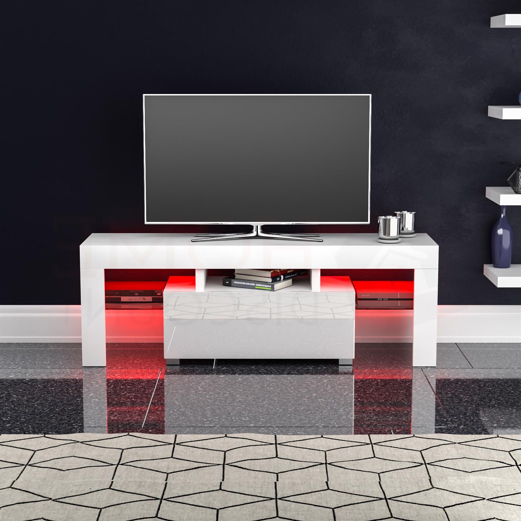 Luna Led Tv Stand Cabinet Unit 1 Drawer Modern Throughout Zimtown Modern Tv Stands High Gloss Media Console Cabinet With Led Shelf And Drawers (Gallery 10 of 20)