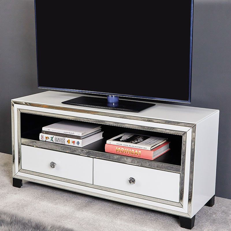 Madison White Mirrored Glass 120cm 2 Drawer Tv Cabinet In Loren Mirrored Wide Tv Unit Stands (View 3 of 20)