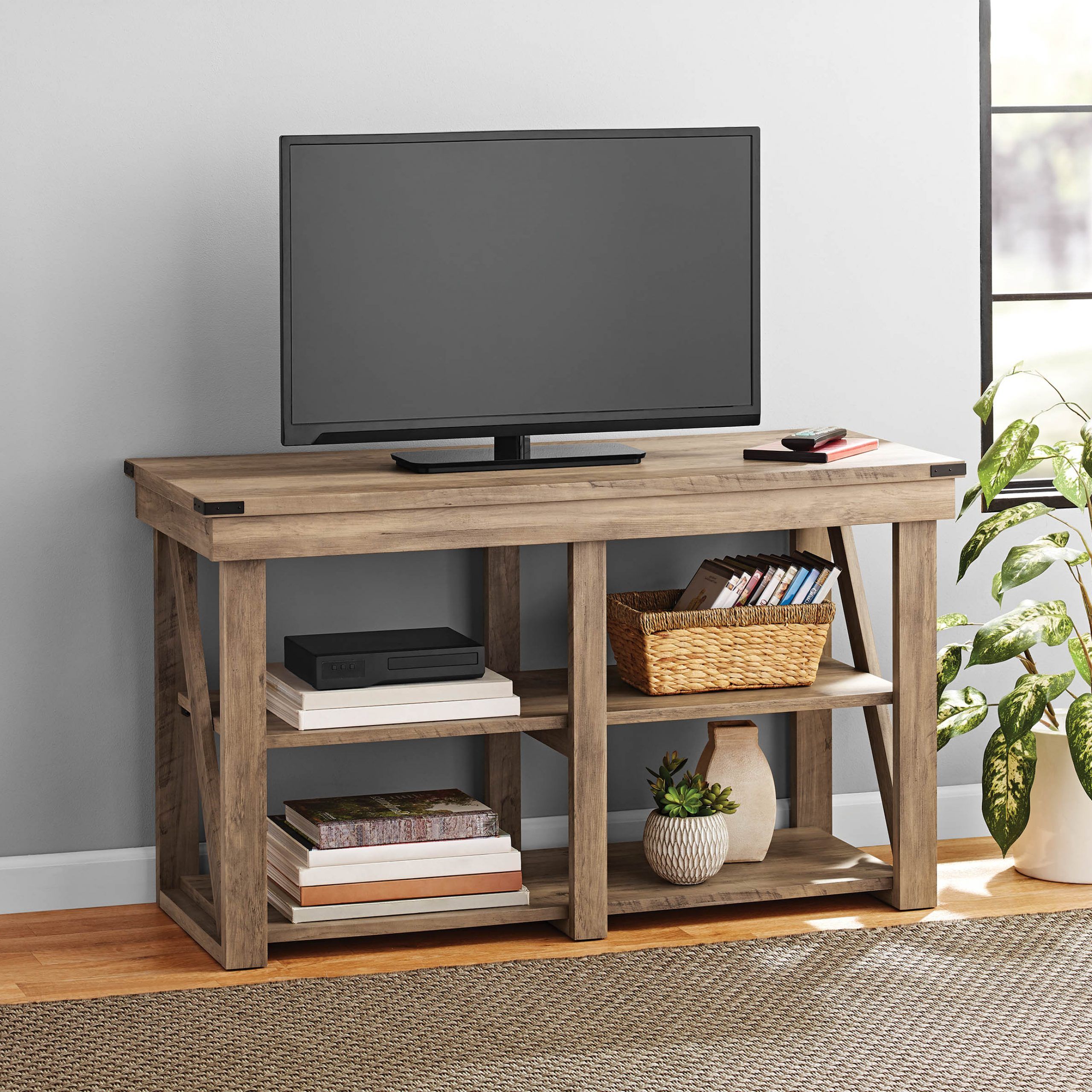 Mainstays Lawson Tv Stand For Tvs Up To 55", Rustic Oak For Sahika Tv Stands For Tvs Up To 55" (Gallery 2 of 20)