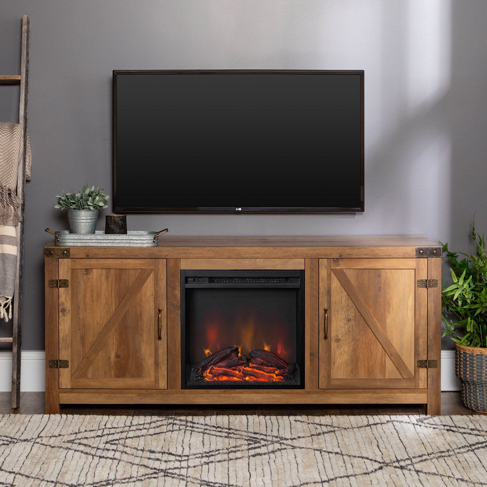 Manor Park 58 In. Barn Door Fireplace Tv Stand – Rustic Pertaining To Tv Stands With Sliding Barn Door Console In Rustic Oak (Gallery 13 of 20)