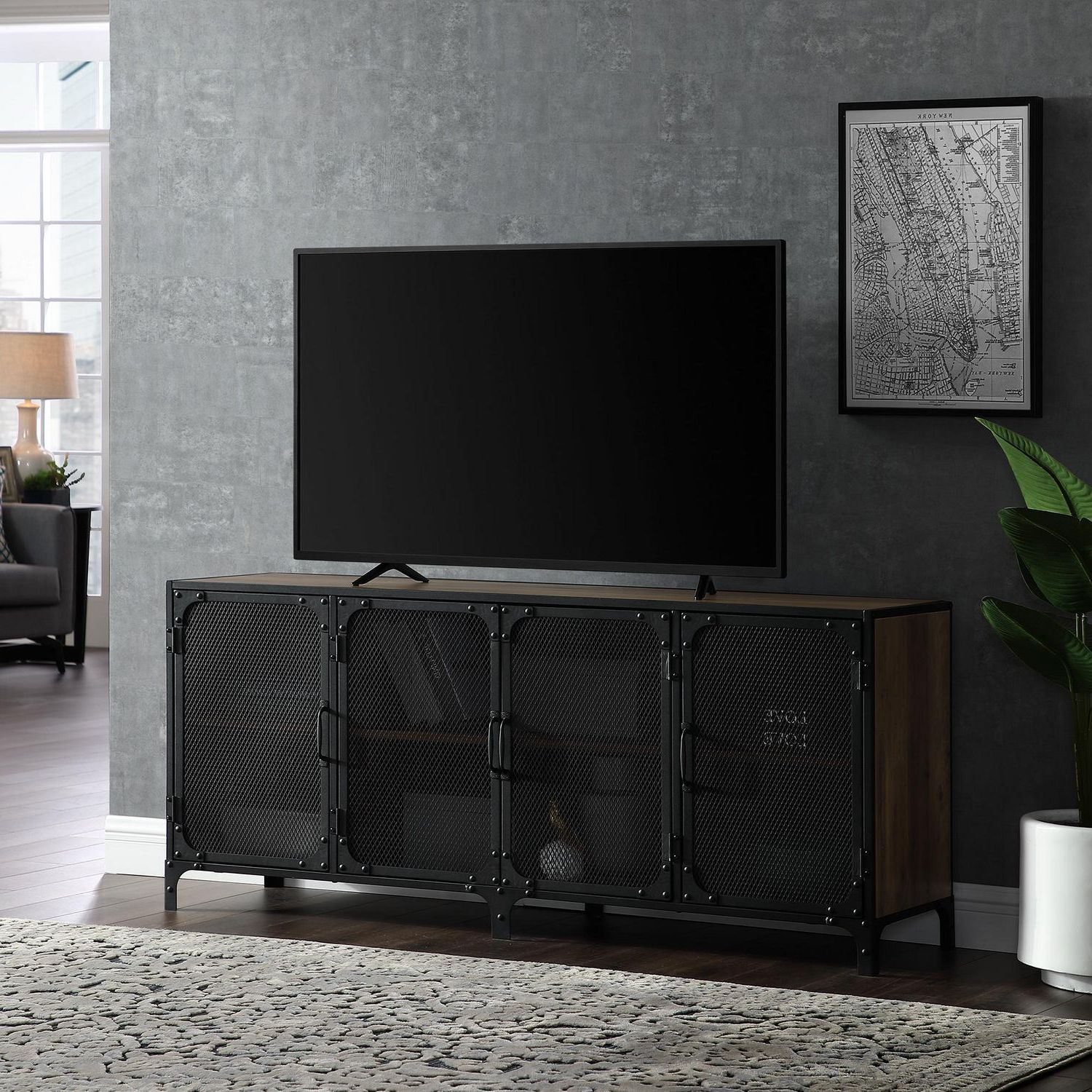 Manor Park Industrial Mesh Tv Stand For Tv's Up To 66 Throughout Urban Rustic Tv Stands (View 3 of 20)