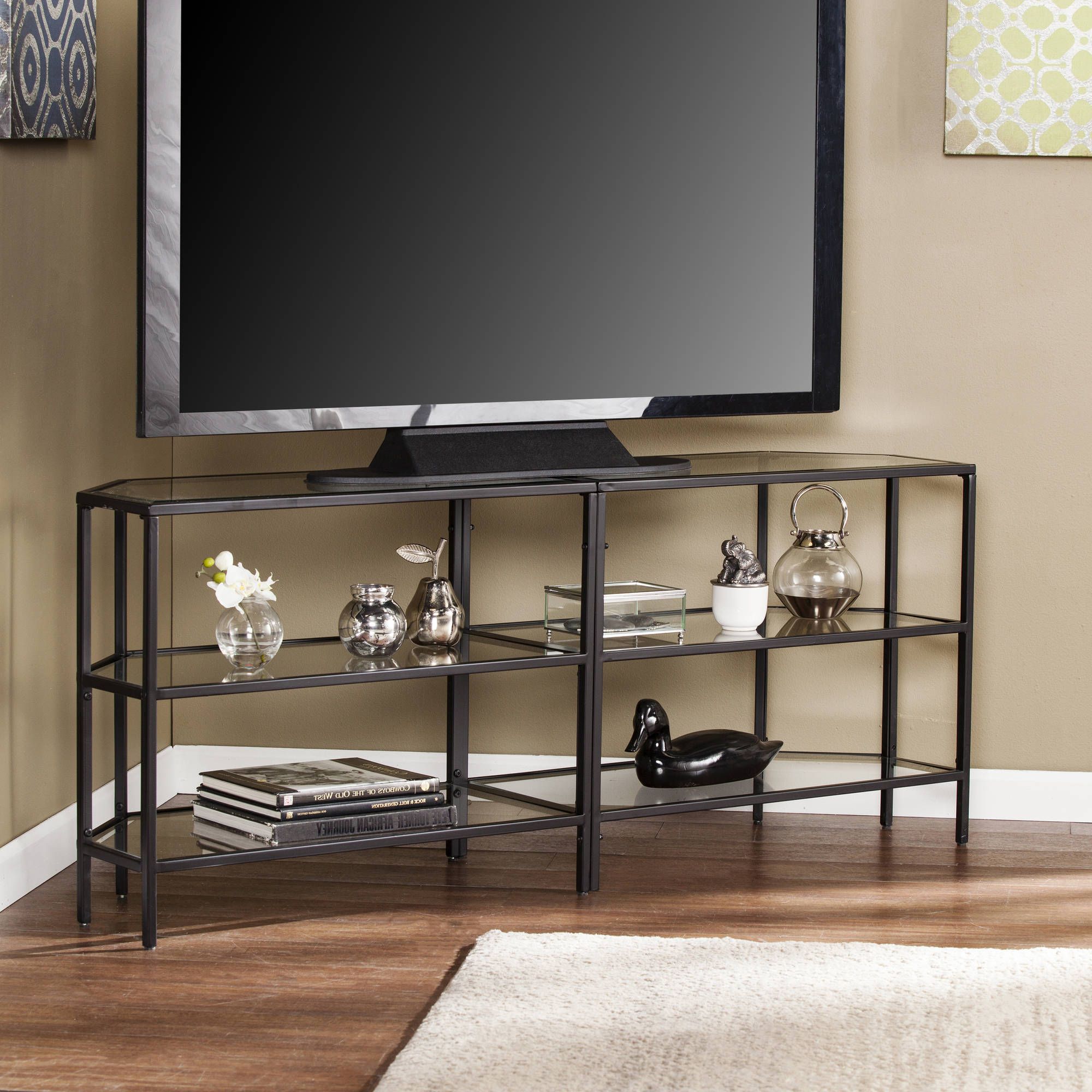 Matte Black Danae Metal/glass Corner Optional Tv Stand For In Kamari Tv Stands For Tvs Up To 58&quot; (Gallery 20 of 20)