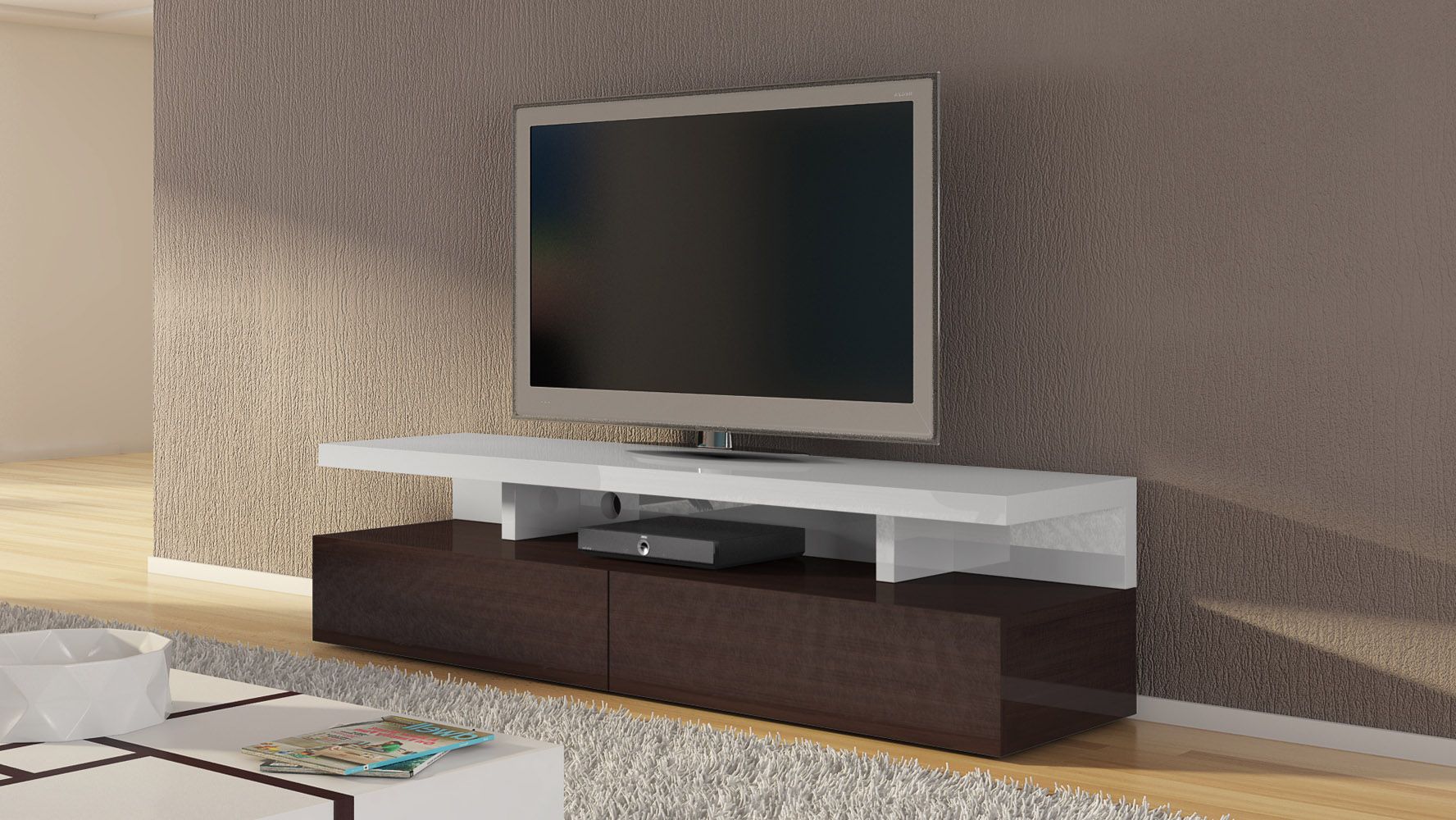 Mcintosh 71 Inch Tv Stand In White High Gloss And Ebony Pertaining To Tv Stands With 2 Open Shelves 2 Drawers High Gloss Tv Unis (View 3 of 20)