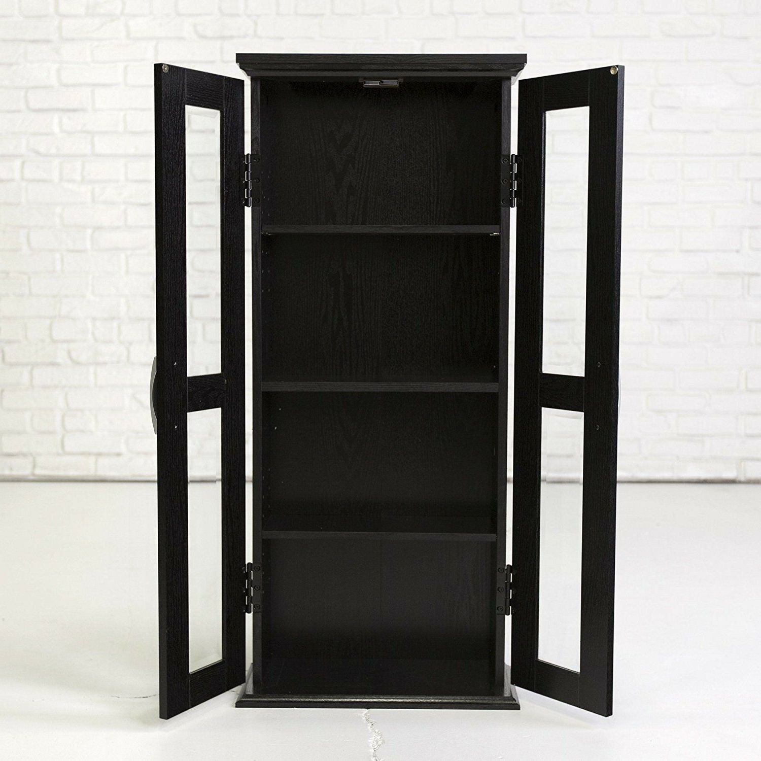 Modern Black Wood Media Storage Cabinet With Glass Doors Pertaining To Walker Edison Wood Tv Media Storage Stands In Black (View 9 of 20)