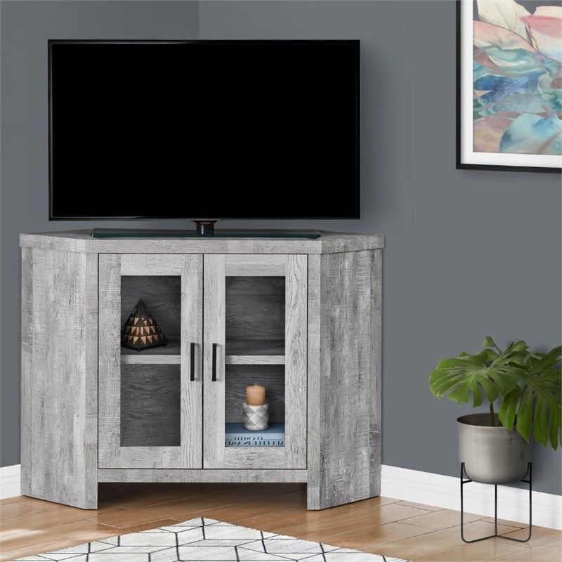 Monarch 42" Contemporary Glass Door Wooden Corner Tv Stand Throughout Modern 2 Glass Door Corner Tv Stands (View 11 of 20)