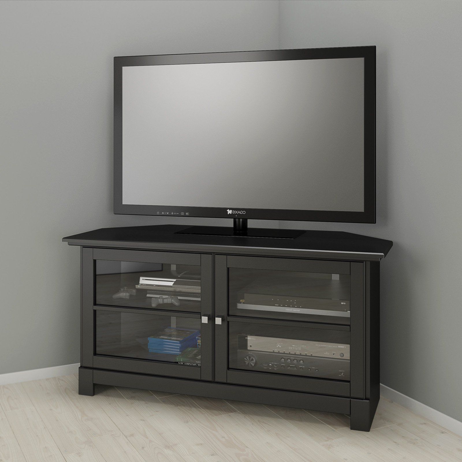 Nexera Pinnacle 49 In. 2 Door Corner Tv Stand – Black With Modern Tv Stands In Oak Wood And Black Accents With Storage Doors (Gallery 5 of 20)