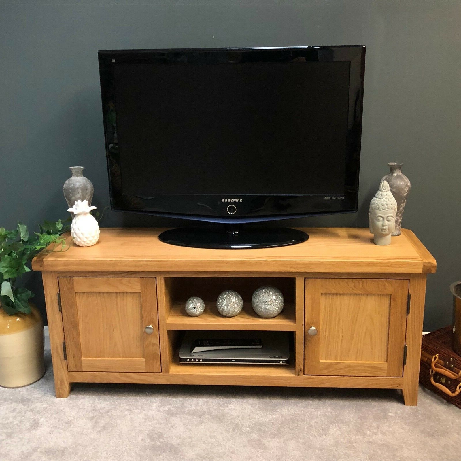 Oak Tv Stand Solid Wood Large Television Unit With Chunky Regarding Dillon Oak Extra Wide Tv Stands (Gallery 19 of 20)