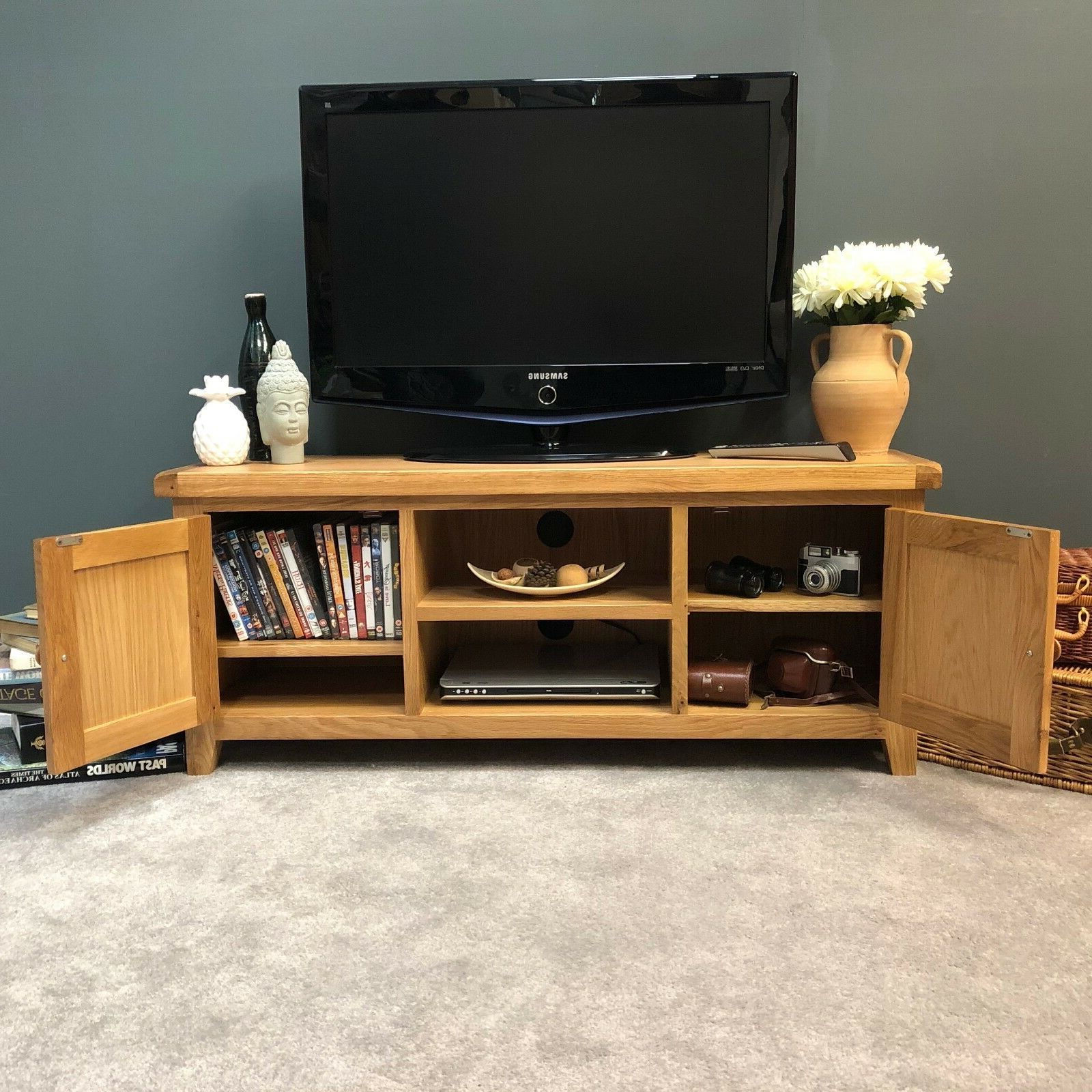 Oak Tv Stand Solid Wood Large Television Unit With Chunky Regarding Dillon Oak Extra Wide Tv Stands (Gallery 1 of 20)