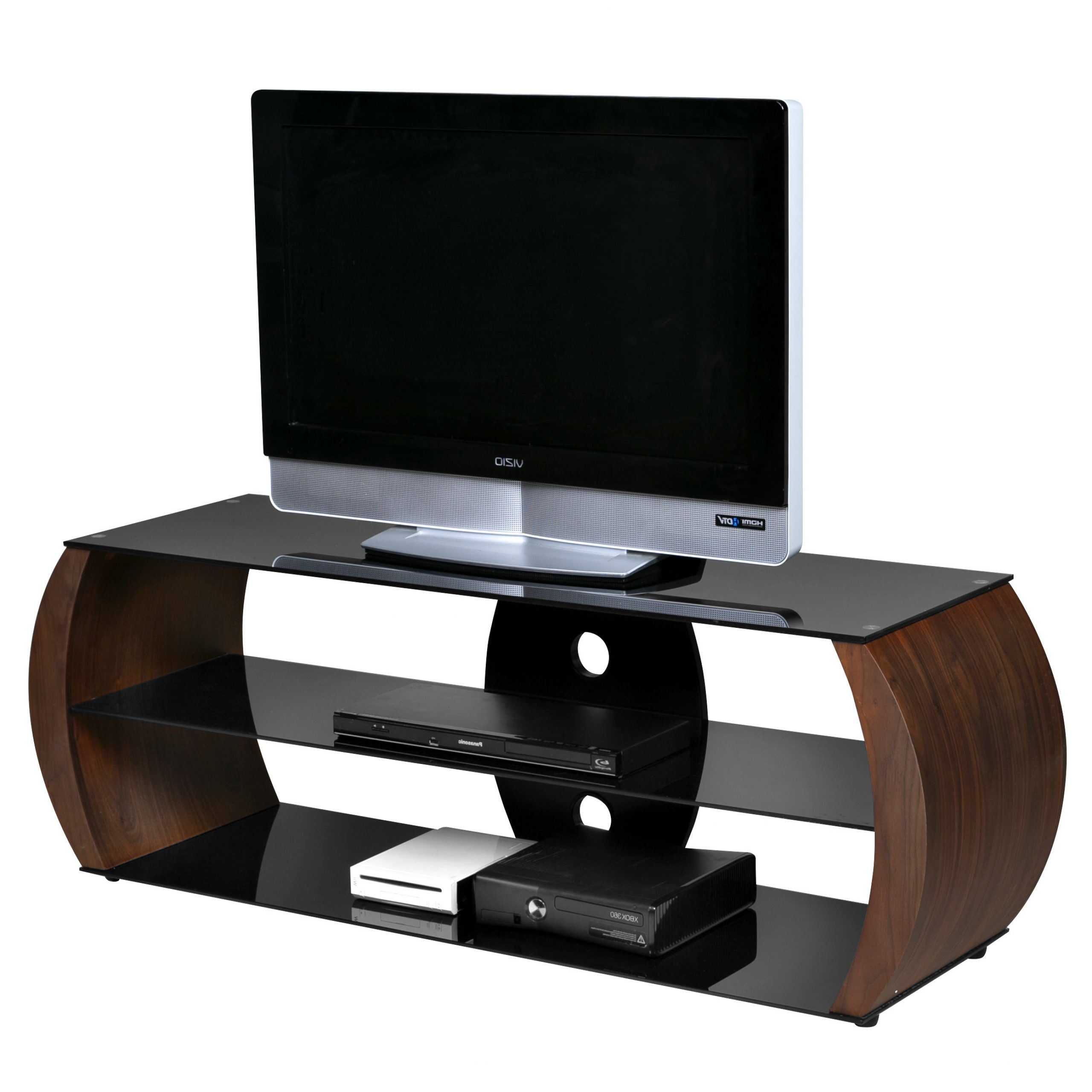 Onespace Oval Walnut Veneer/wood/black Tempered Glass Tv Regarding Glass Shelves Tv Stands (View 17 of 20)