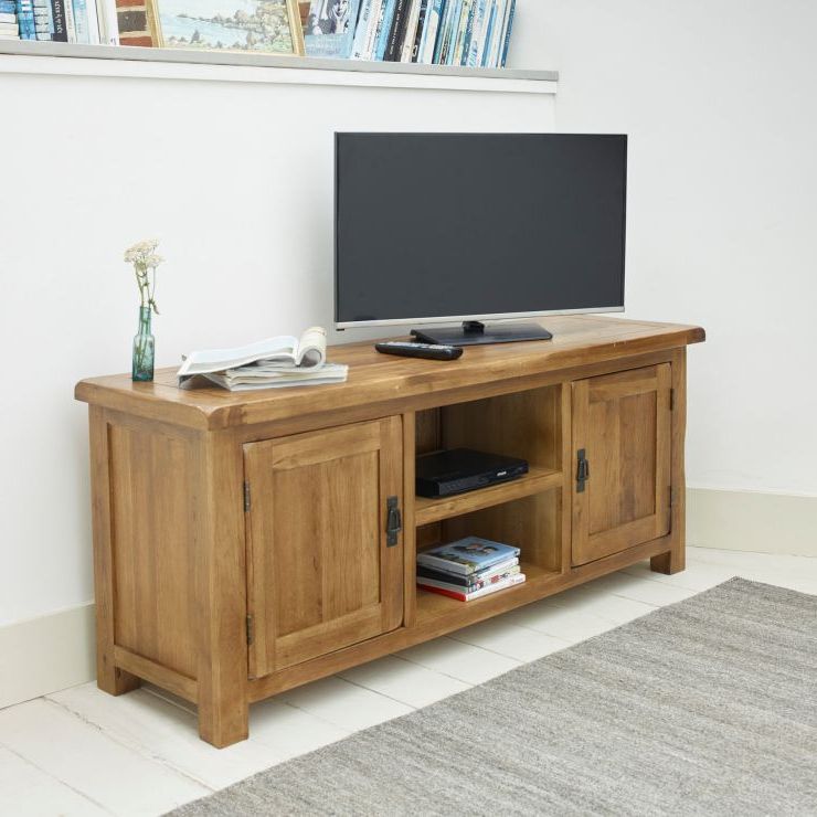 Original Rustic Wide Tv Cabinet In Solid Oak | Oak Pertaining To Kemble For Tvs Up To  (View 10 of 20)