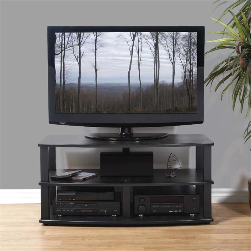 Plateau Xt Series Heavy Duty 3 Shelf Black Wood Tv Stand Intended For Mathew Tv Stands For Tvs Up To 43" (View 15 of 20)