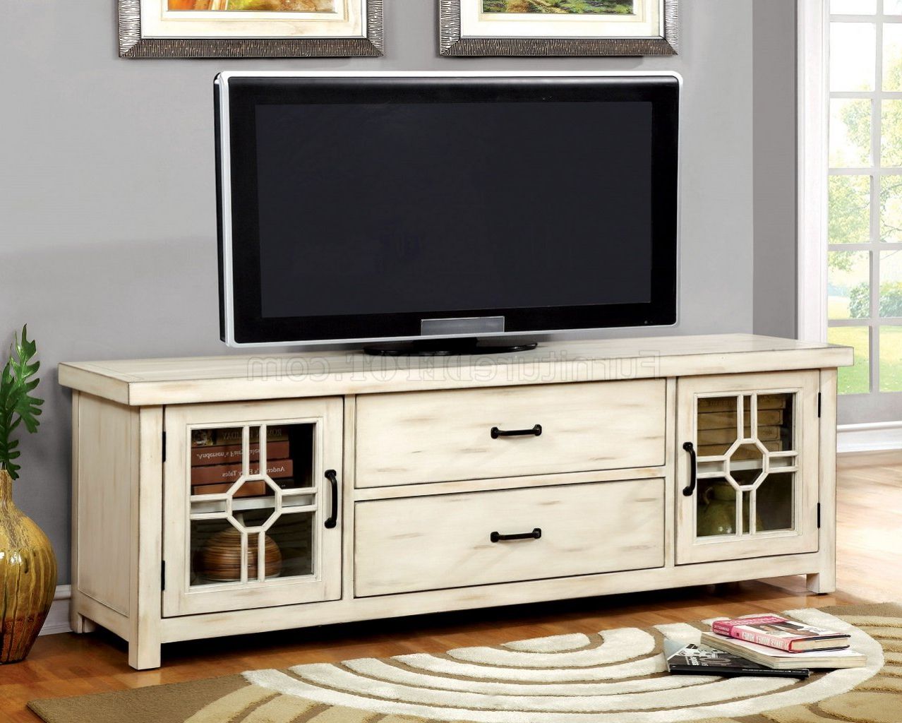 Ridley Cm5230 Tv Console In Antique Style White W/optional Within Alden Design Wooden Tv Stands With Storage Cabinet Espresso (View 4 of 20)