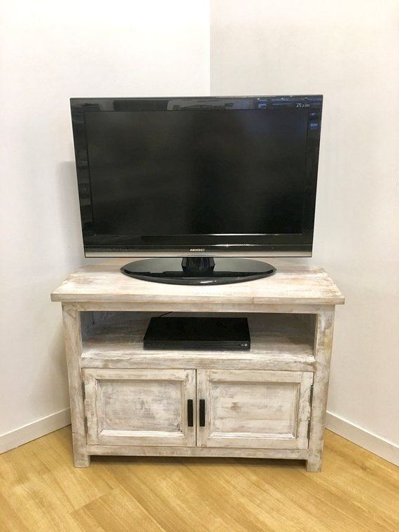 Rustic Corner Table/tv Stand With Shelf White | Etsy | Tv Pertaining To Wood Corner Storage Console Tv Stands For Tvs Up To 55" White (View 9 of 20)