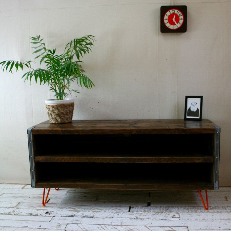 Rustic Industrial Scaffold Board Tv Unit Orange Hairpin Intended For Industrial Tv Stands With Metal Legs Rustic Brown (View 11 of 20)