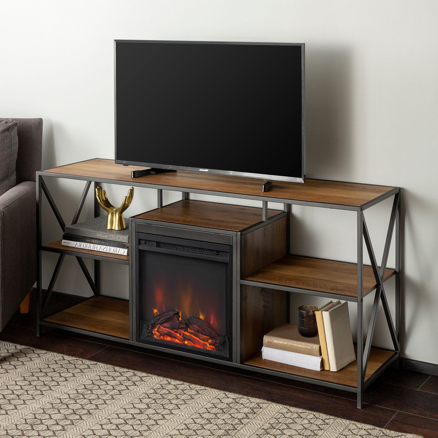 Rustic Oak Tv Stand With Fireplace – Pier1 With Urban Rustic Tv Stands (Gallery 6 of 20)