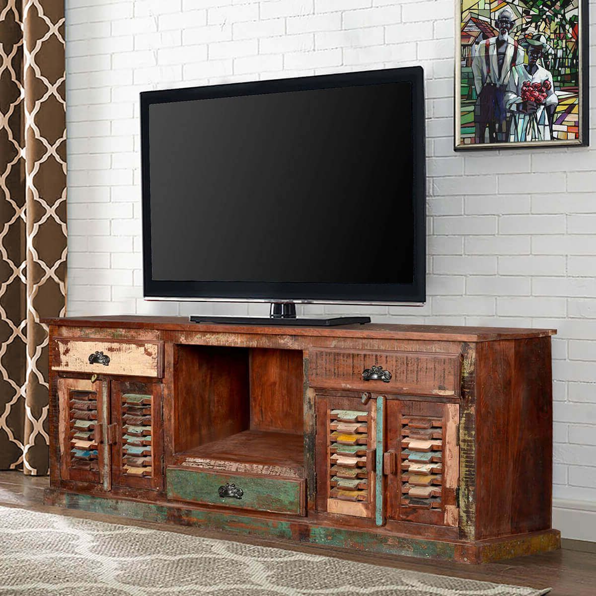 Rustic Reclaimed Wood Large Tv Stand Media Console With Modern Tv Stands In Oak Wood And Black Accents With Storage Doors (View 9 of 20)