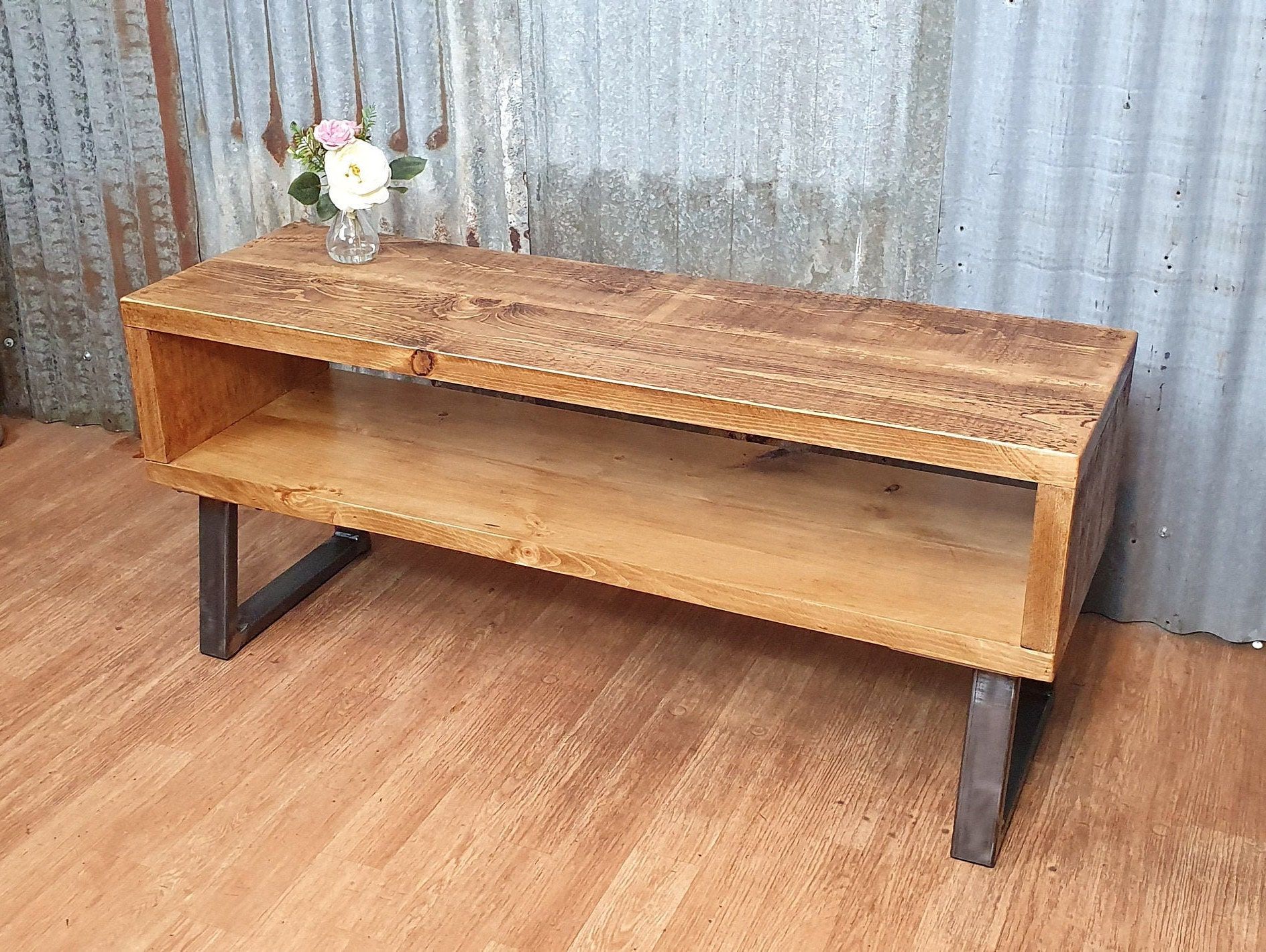 Rustic Solid Wood Tv Bench With Storage, Industrial Tv Throughout Industrial Tv Stands With Metal Legs Rustic Brown (Gallery 3 of 20)
