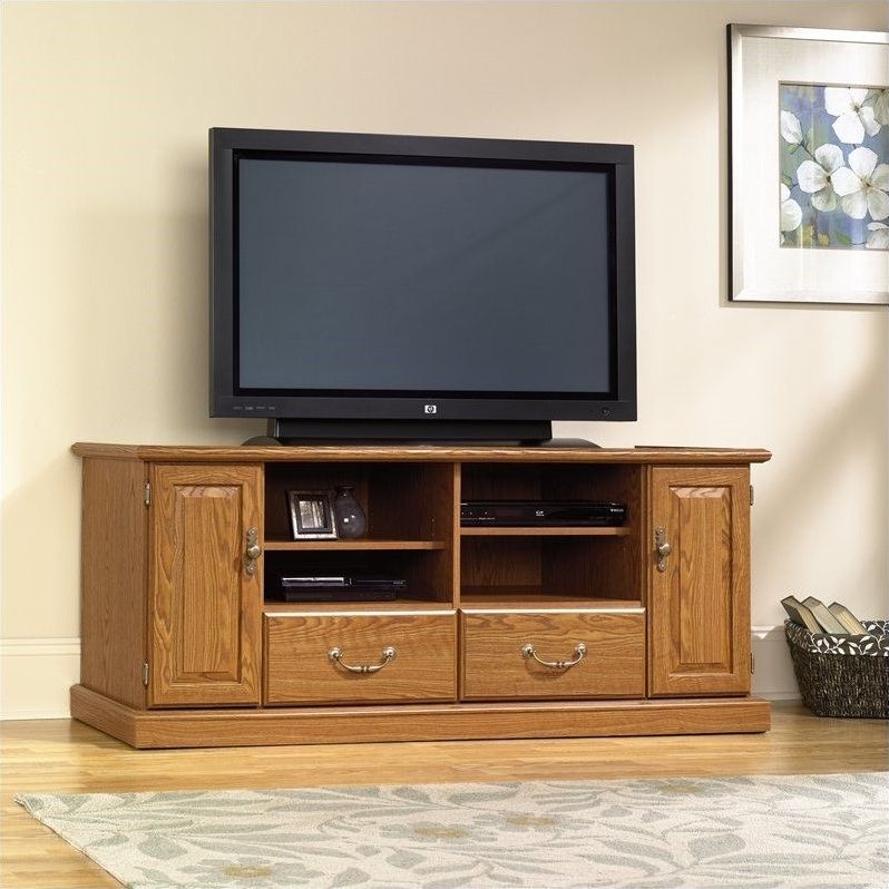 Sauder Orchard Hills Wood Tv Stand In Carolina Oak Finish Throughout Rustic Country Tv Stands In Weathered Pine Finish (View 18 of 20)