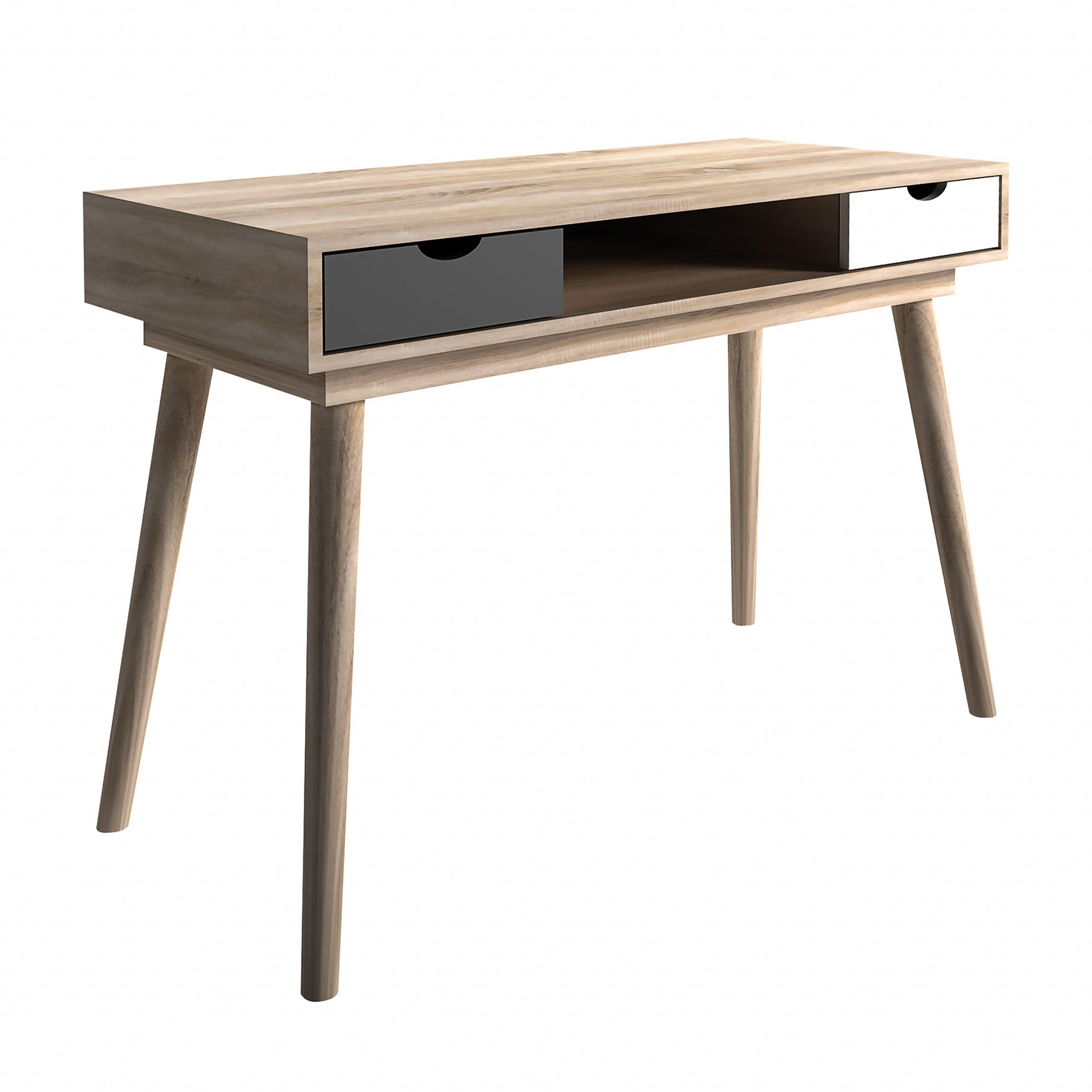 Scandi Desk Oak With Grey And White Drawers – Desks Inside Scandi 2 Drawer Grey Tv Media Unit Stands (Gallery 14 of 20)