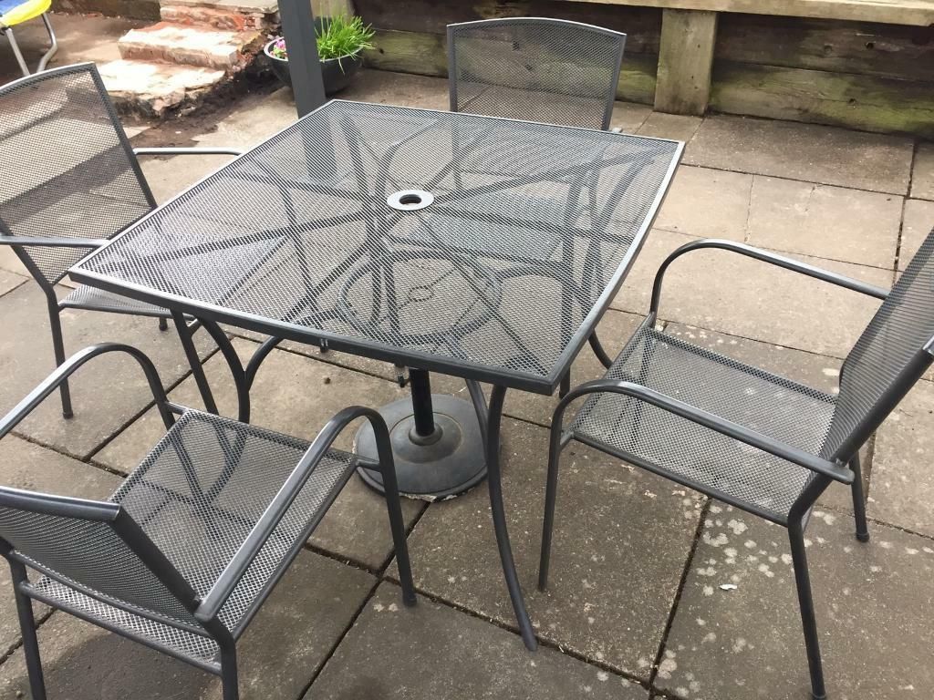 Slate Grey Metal Garden Set – 4 Chairs And Table | In Inside Lucy Cane Grey Corner Tv Stands (Gallery 19 of 20)