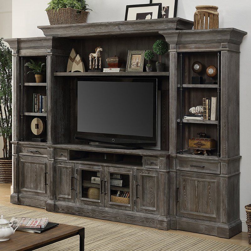 Smoke Gray 4 Piece Vintage Entertainment Center – Gramercy Within Tv Stands In Rustic Gray Wash Entertainment Center For Living Room (Gallery 20 of 20)