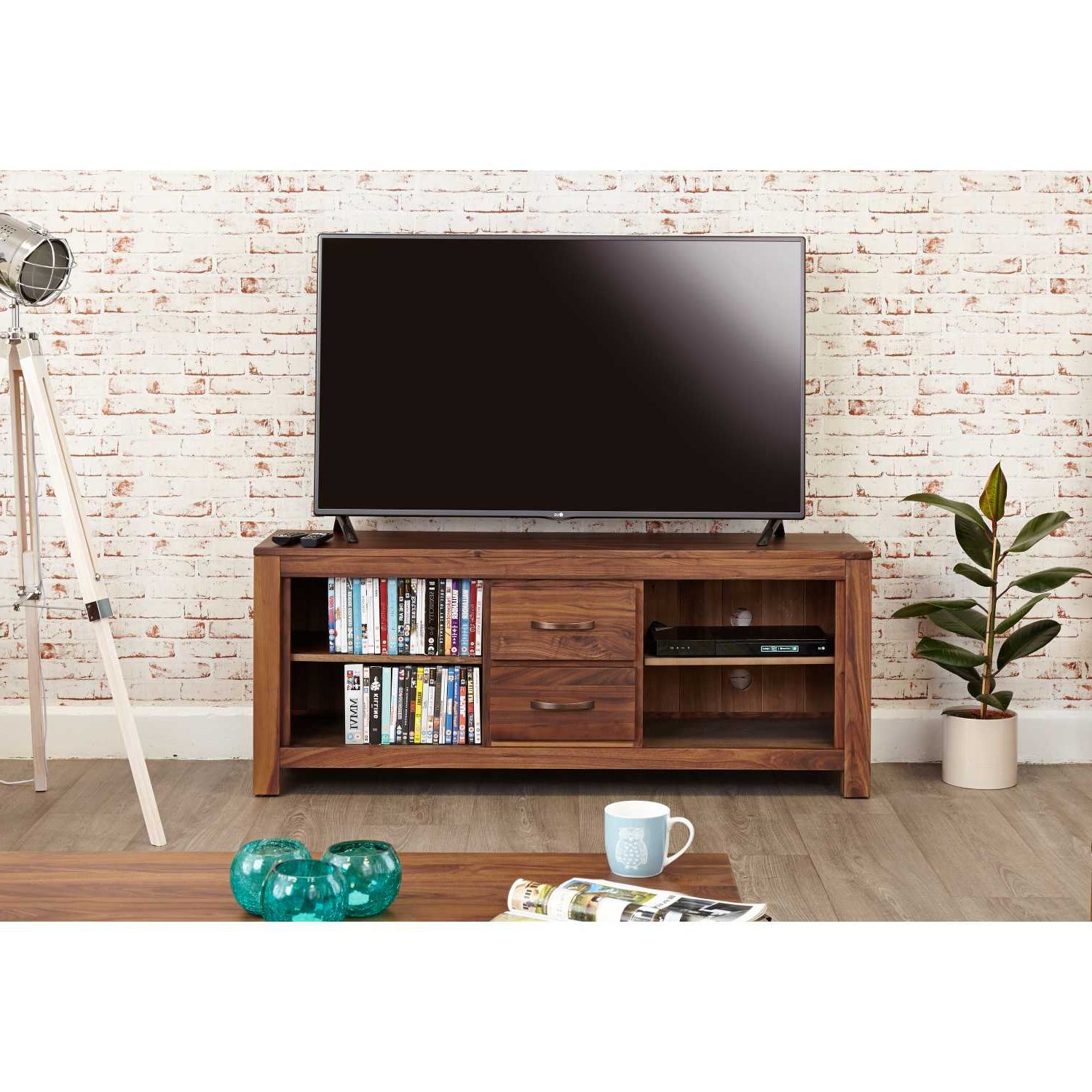 Solid Walnut Widescreen Television Cabinet Tv Media Unit With Regard To Tv Stands With 2 Open Shelves 2 Drawers High Gloss Tv Unis (View 7 of 20)