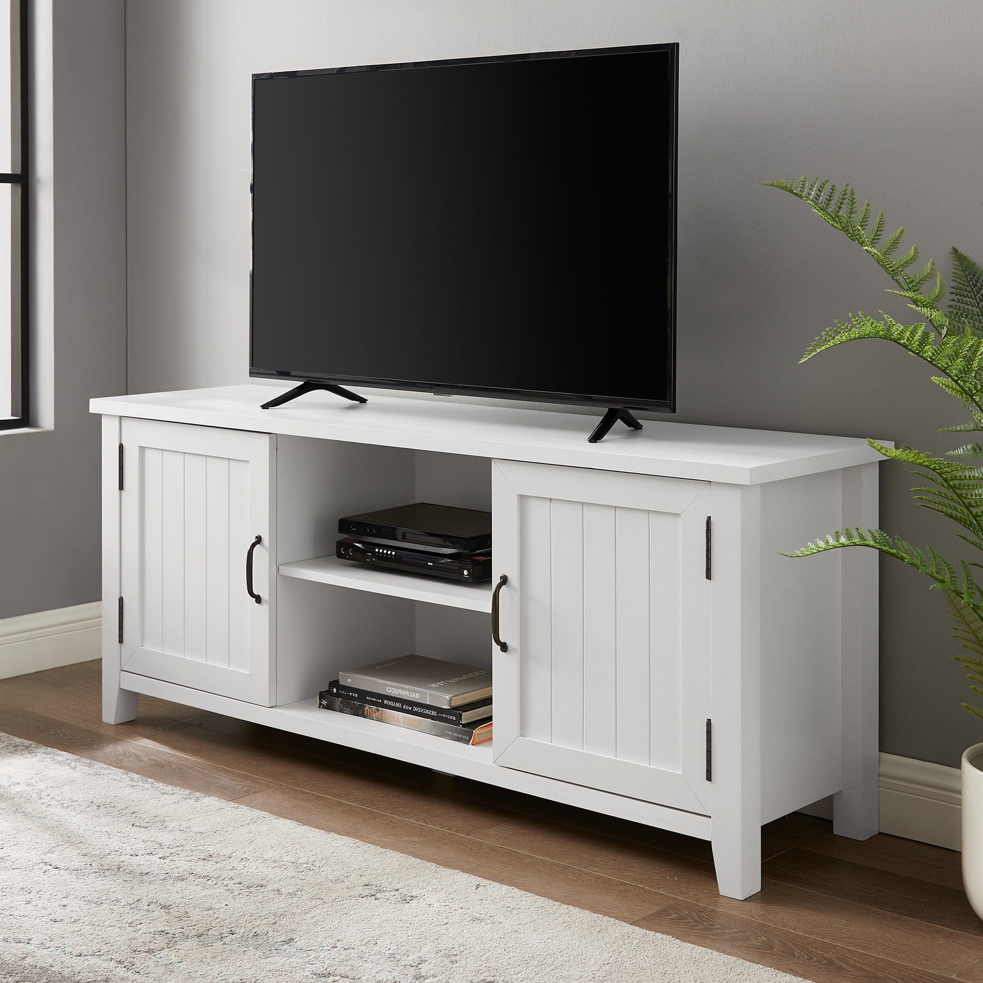 Solid White 58 Inch Grooved Door Tv Stand – Coastal For Walker Edison Farmhouse Tv Stands With Storage Cabinet Doors And Shelves (View 5 of 20)
