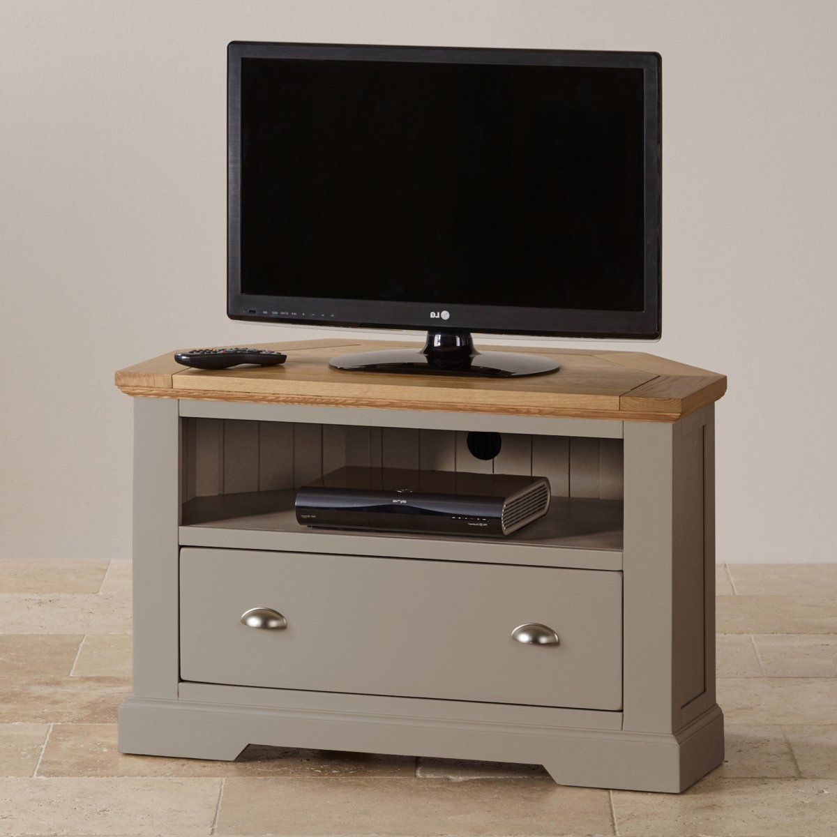 St Ives Grey Corner Tv Unit With Brushed Oak Top With Regard To Lucas Extra Wide Tv Unit Grey Stands (View 17 of 20)
