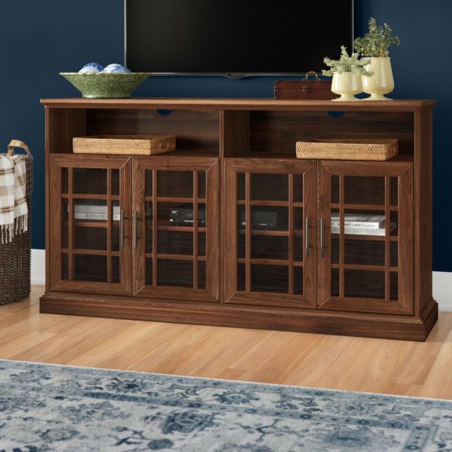 Sunray Tv Stand Glass Doors Open Shelves Storage Classic Pertaining To Modern Tv Stands In Oak Wood And Black Accents With Storage Doors (Gallery 3 of 20)