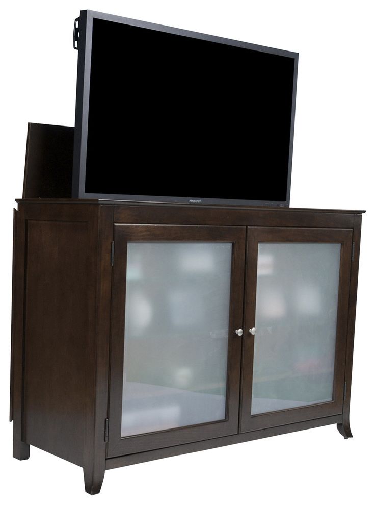 Tuscany Full Size Lift Cabinet, Espresso With Frosted Regarding Jackson Corner Tv Stands (View 2 of 20)