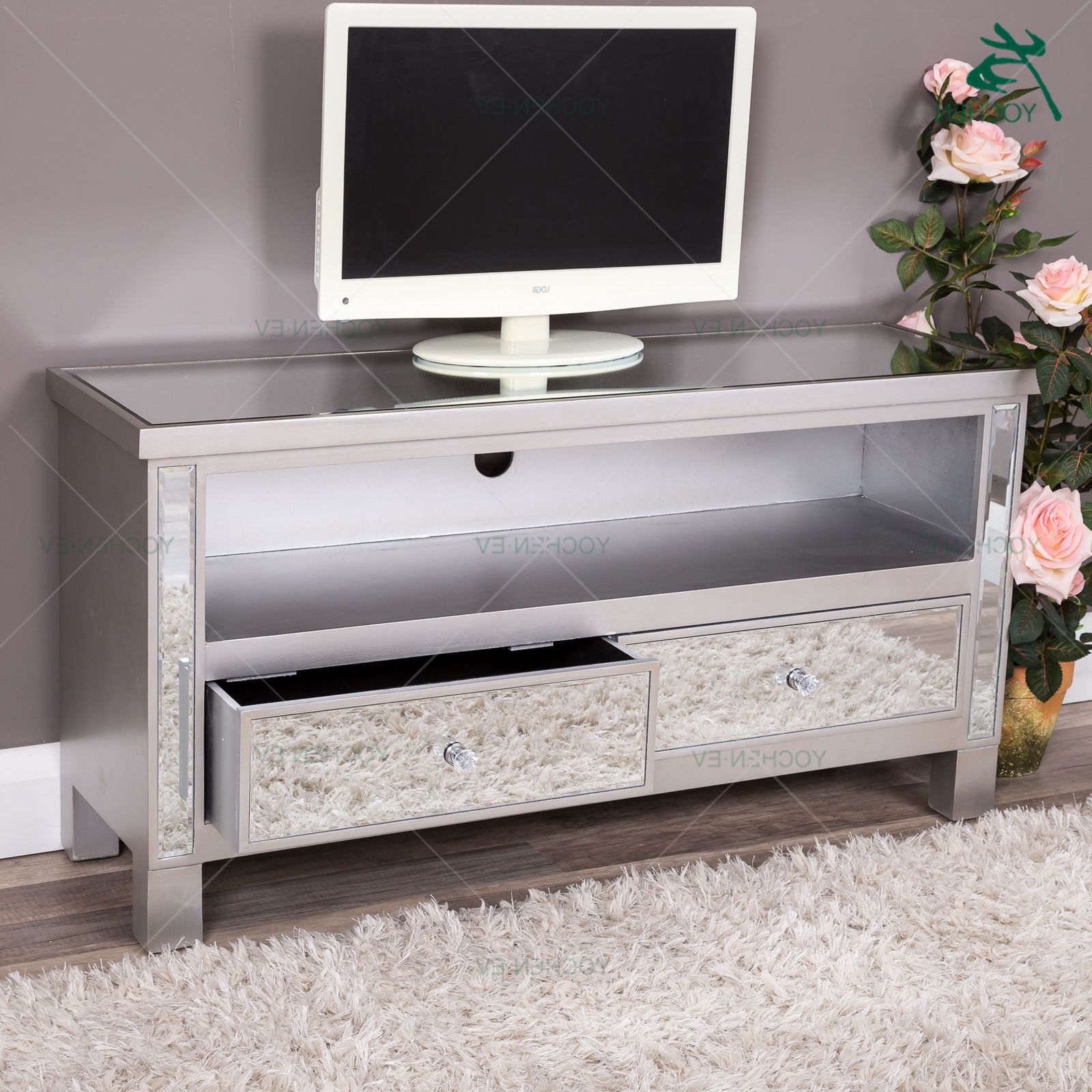 Two Drawers Silver Glass Mirrored Tv Stand Within Loren Mirrored Wide Tv Unit Stands (View 2 of 20)