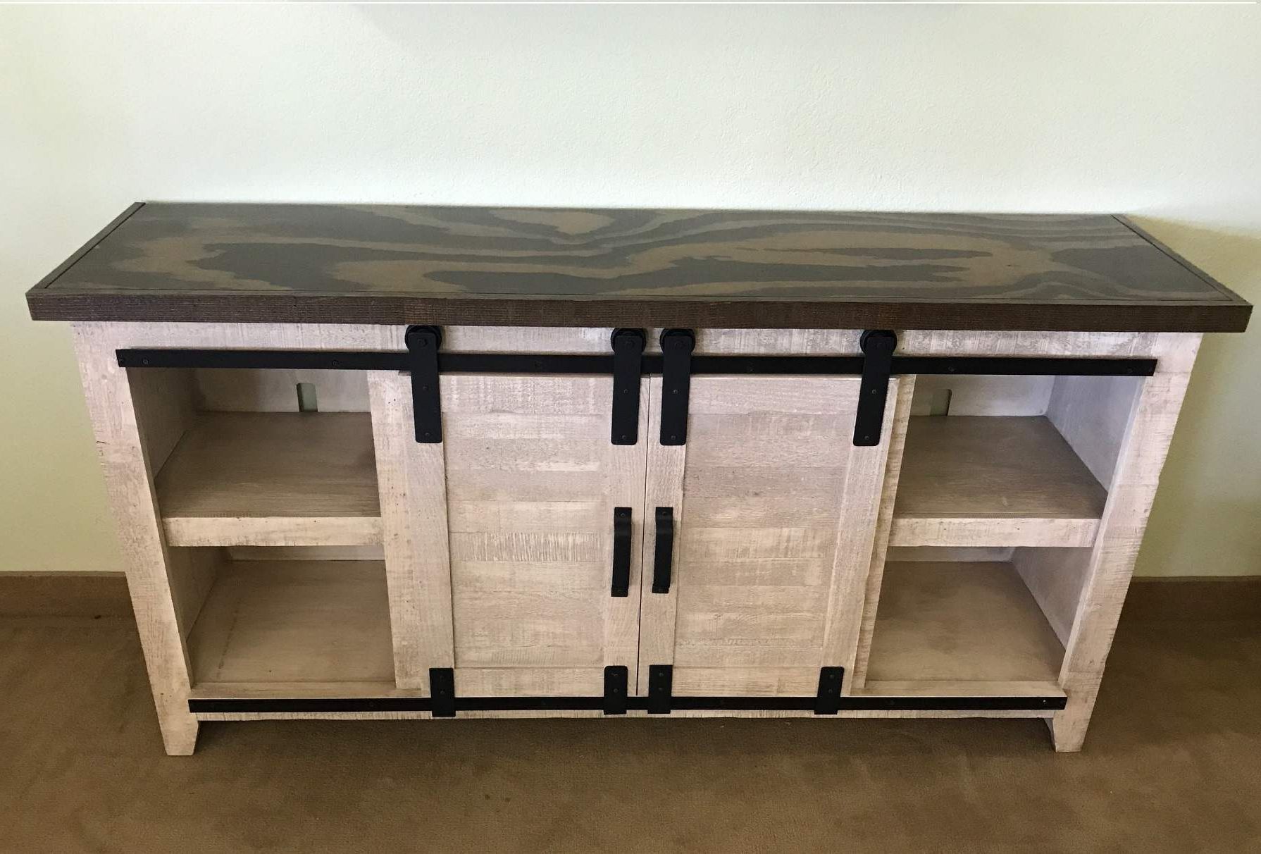 Two Tone Solid Wood Rustic Barn Door Tv Stand Within Urban Rustic Tv Stands (View 13 of 20)