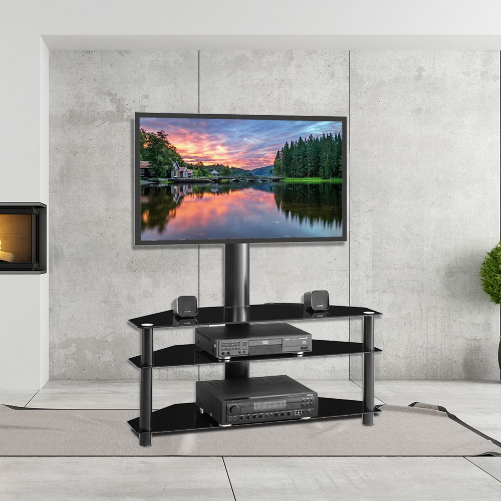 Universal Floor Tv Stand, Height And Angle Adjustable Tv For Floor Tv Stands With Swivel Mount And Tempered Glass Shelves For Storage (Gallery 20 of 20)