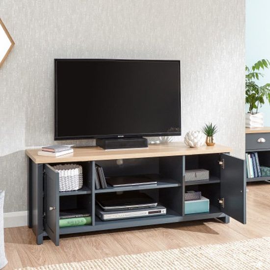 Valencia Large Wooden Tv Stand In Slate Blue And Oak Intended For Bromley Blue Wide Tv Stands (Gallery 1 of 20)