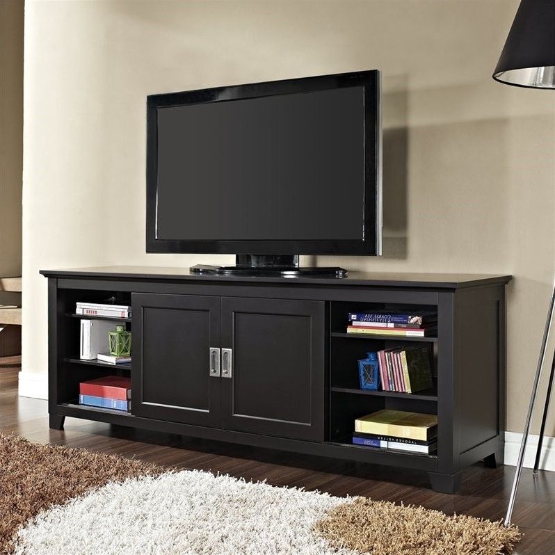 Walker Edison 70" Wood Tv Console With Sliding Doors In In Dark Brown Tv Cabinets With 2 Sliding Doors And Drawer (View 13 of 20)