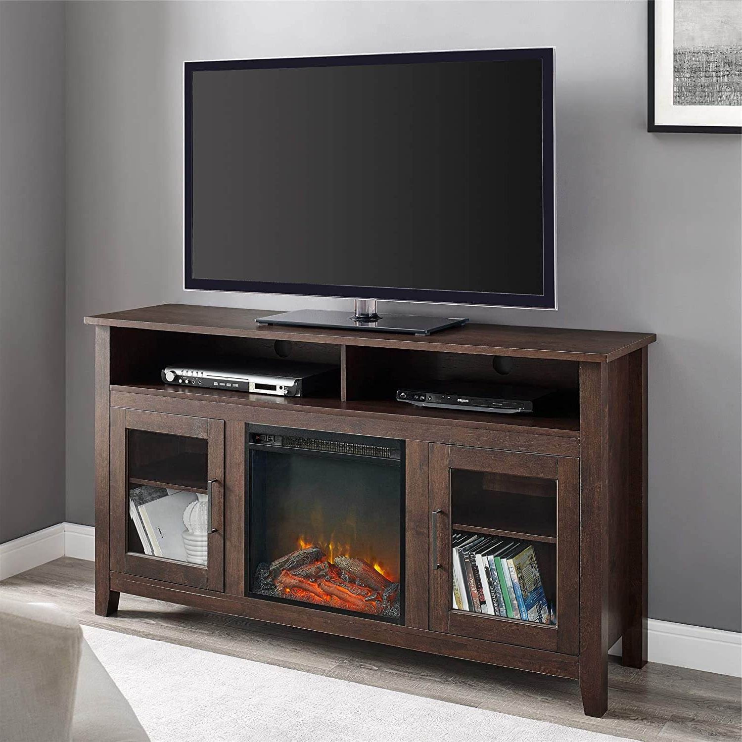 Walker Edison Rustic Wood And Glass Tall Fireplace Stand For Walker Edison Farmhouse Tv Stands With Storage Cabinet Doors And Shelves (View 9 of 20)