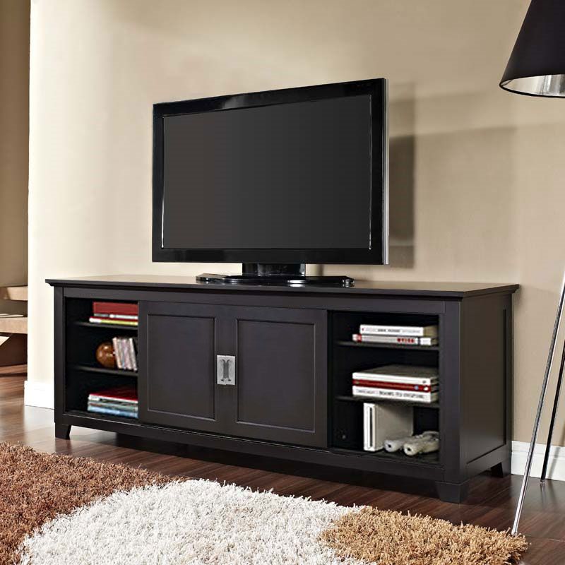 Walker Edison Solid Wood 70 Inch Tv Stand With Sliding In Modern Tv Stands In Oak Wood And Black Accents With Storage Doors (View 16 of 20)