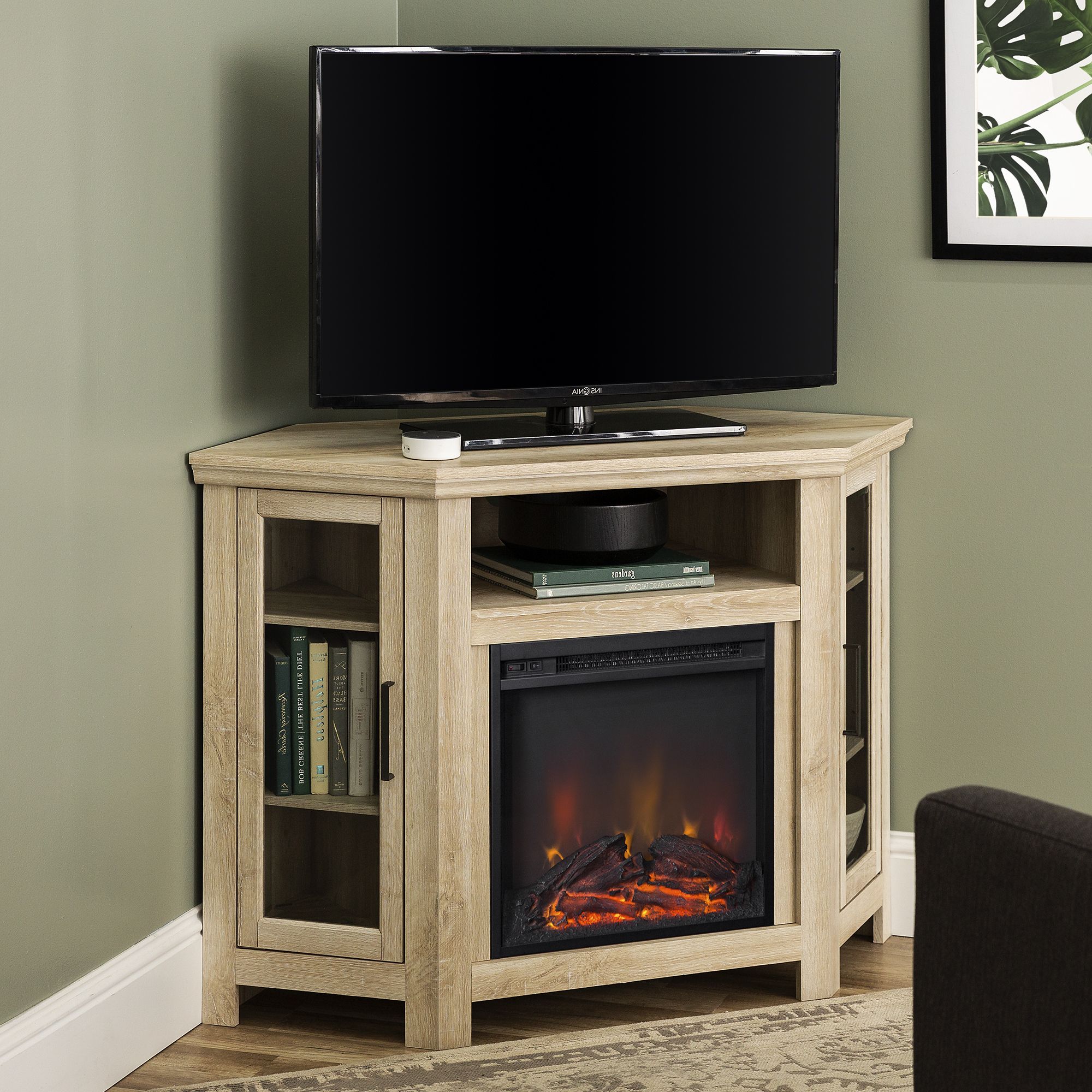 Walker Edison White Oak Corner Fireplace Tv Stand For Tvs Pertaining To Camden Corner Tv Stands For Tvs Up To 50&quot; (View 3 of 20)