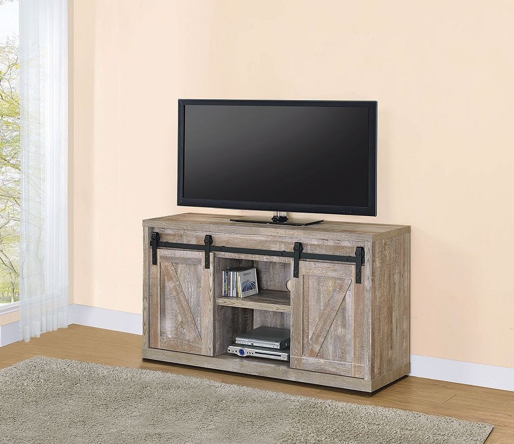 Weathered Oak 48 Inch Tv Console W/ Sliding Barn Doors Intended For Modern Tv Stands In Oak Wood And Black Accents With Storage Doors (Gallery 4 of 20)