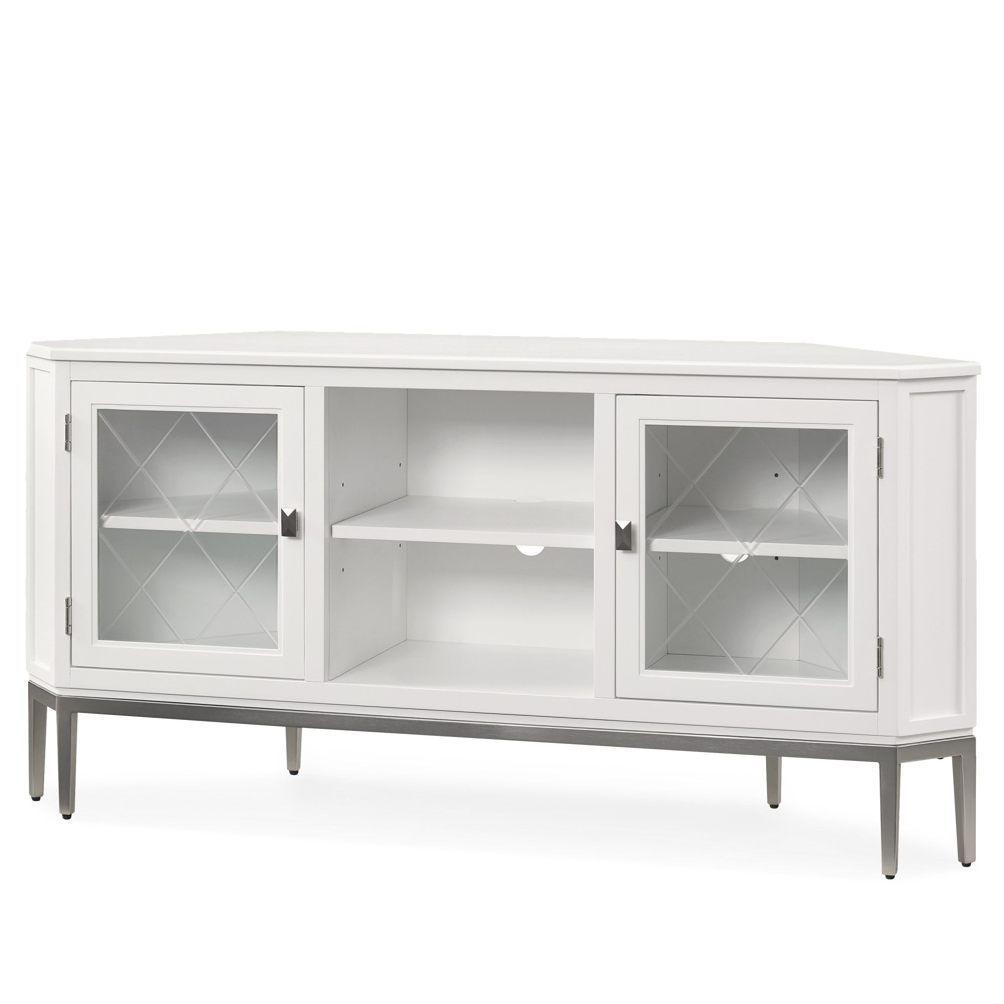 White Corner Tv Stand With Pewter Metal Base For 65" Tv's Regarding Conrad Metal/glass Corner Tv Stands (View 1 of 20)