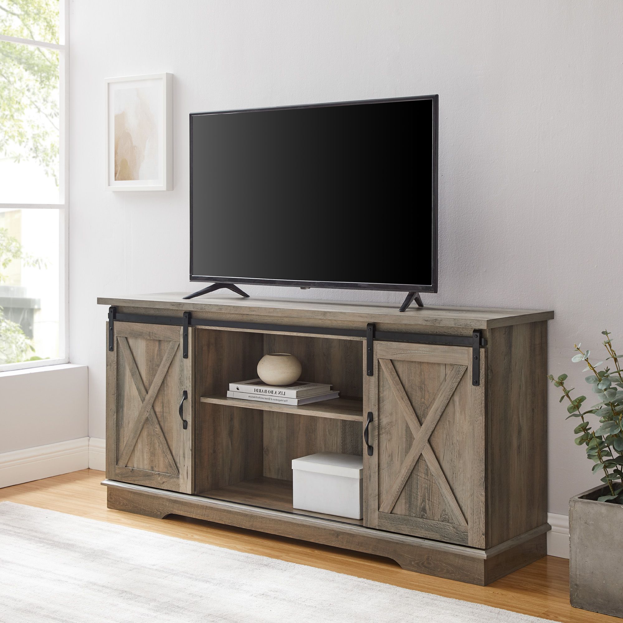 Woven Paths Farmhouse Sliding Barn Door Tv Stand For Tvs Pertaining To Wolla Tv Stands For Tvs Up To 65" (View 2 of 20)