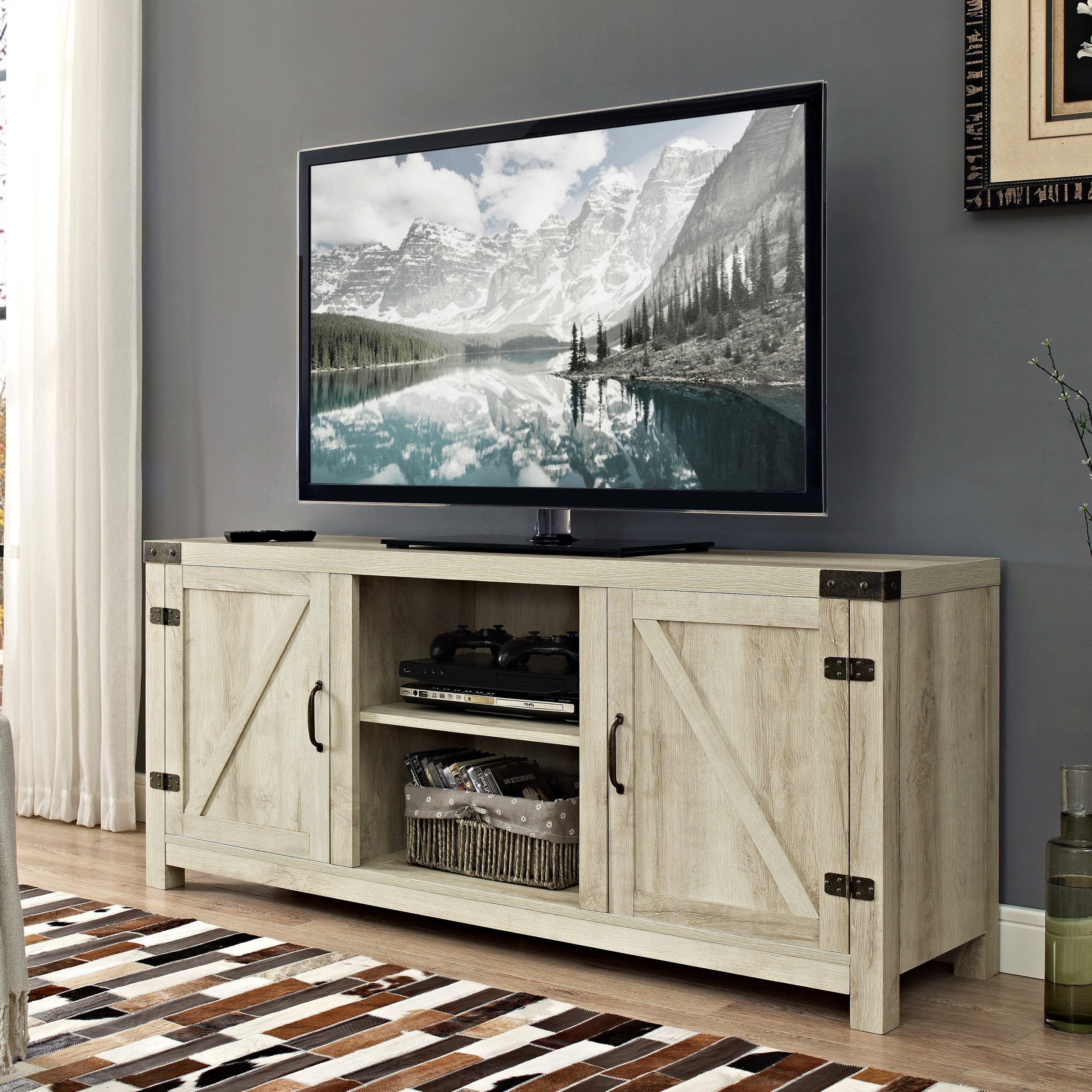 Woven Paths Modern Farmhouse Barn Door Tv Stand For Tvs Up Within Caleah Tv Stands For Tvs Up To 65" (Gallery 8 of 20)