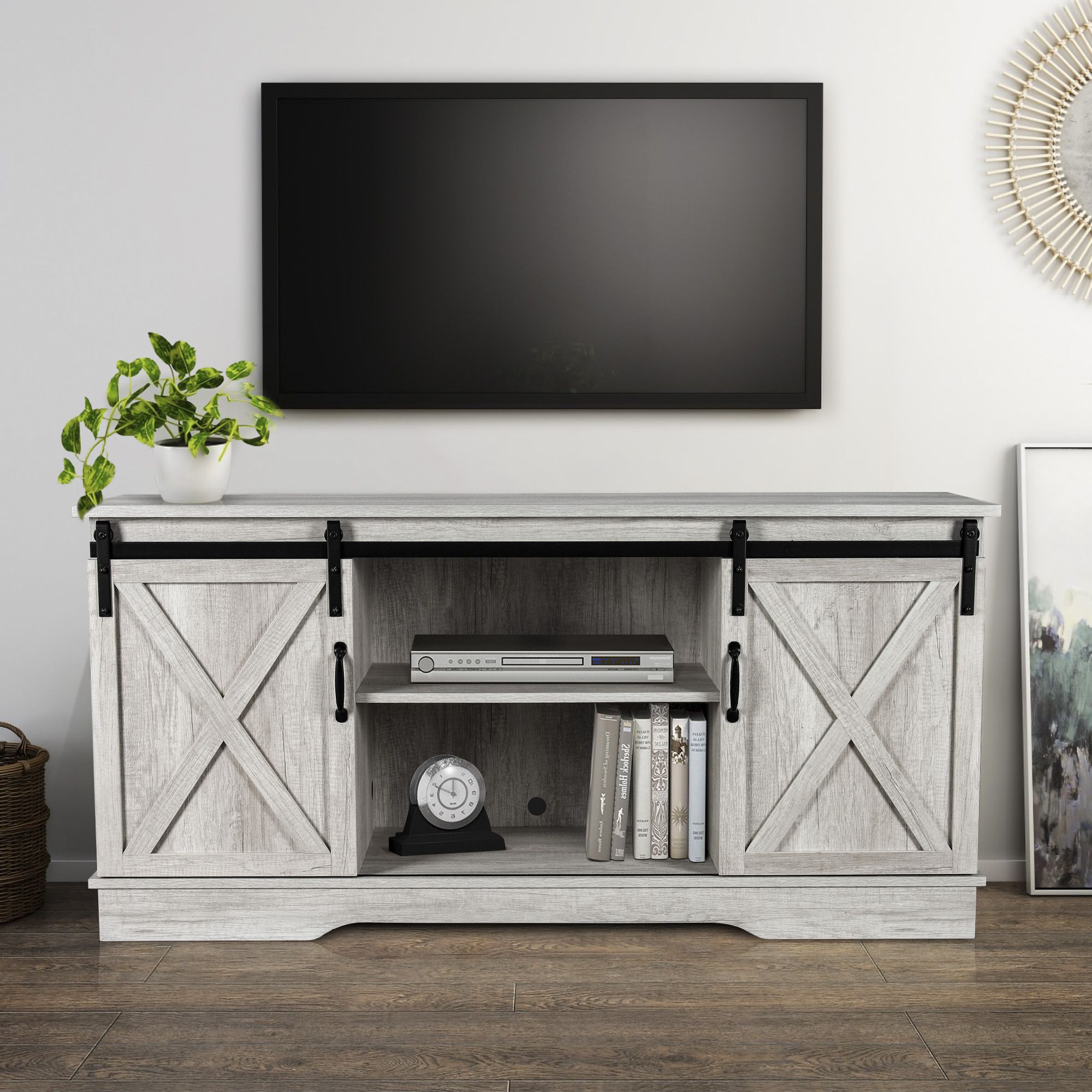 Belleze Modern Farmhouse Style 58 Inch Tv Stand With For Modern Farmhouse Tv Stands (Gallery 19 of 31)